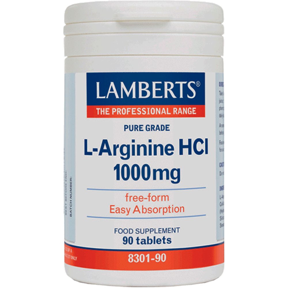 Lamberts Lamberts L-Arginine HCL Συμπλήρωμα Διατροφής Αργινίνης για την Καλή Λειτουργία του Κυκλοφορικού, Αντιμετώπιση Τραυματισμών & Βελτίωση Ανδρικής Σεξουαλικής Υγείας 1000mg, 90tabs