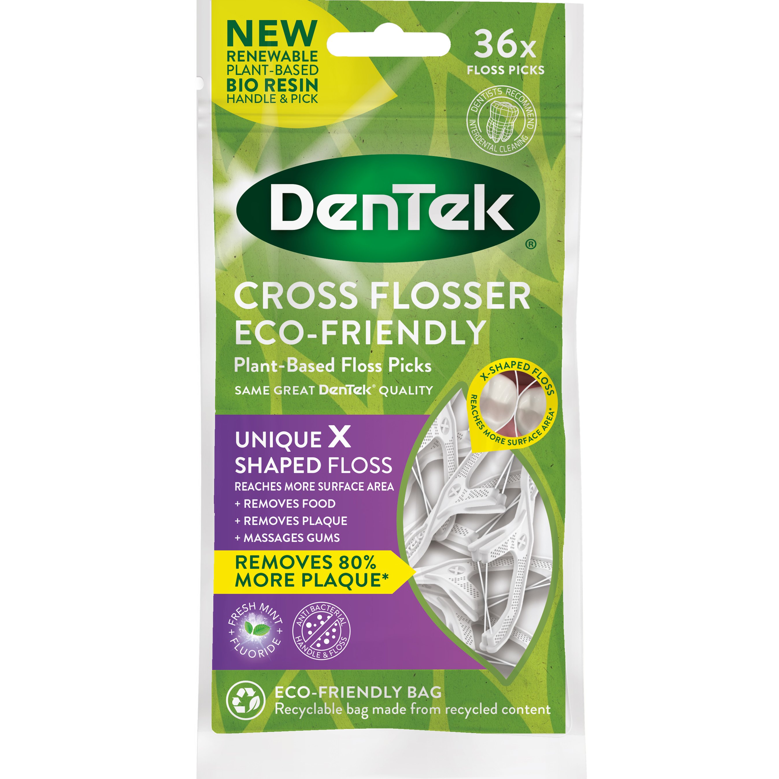 Dentek Dentek Cross Flosser Plant-Based Unique X Shaped Floss Picks Οδοντογλυφίδα με Οδοντικό Νήμα σε Σχήμα Χ για την Απομάκρυνση Περισσότερης Οδοντικής Πλάκας 36 Τεμάχια