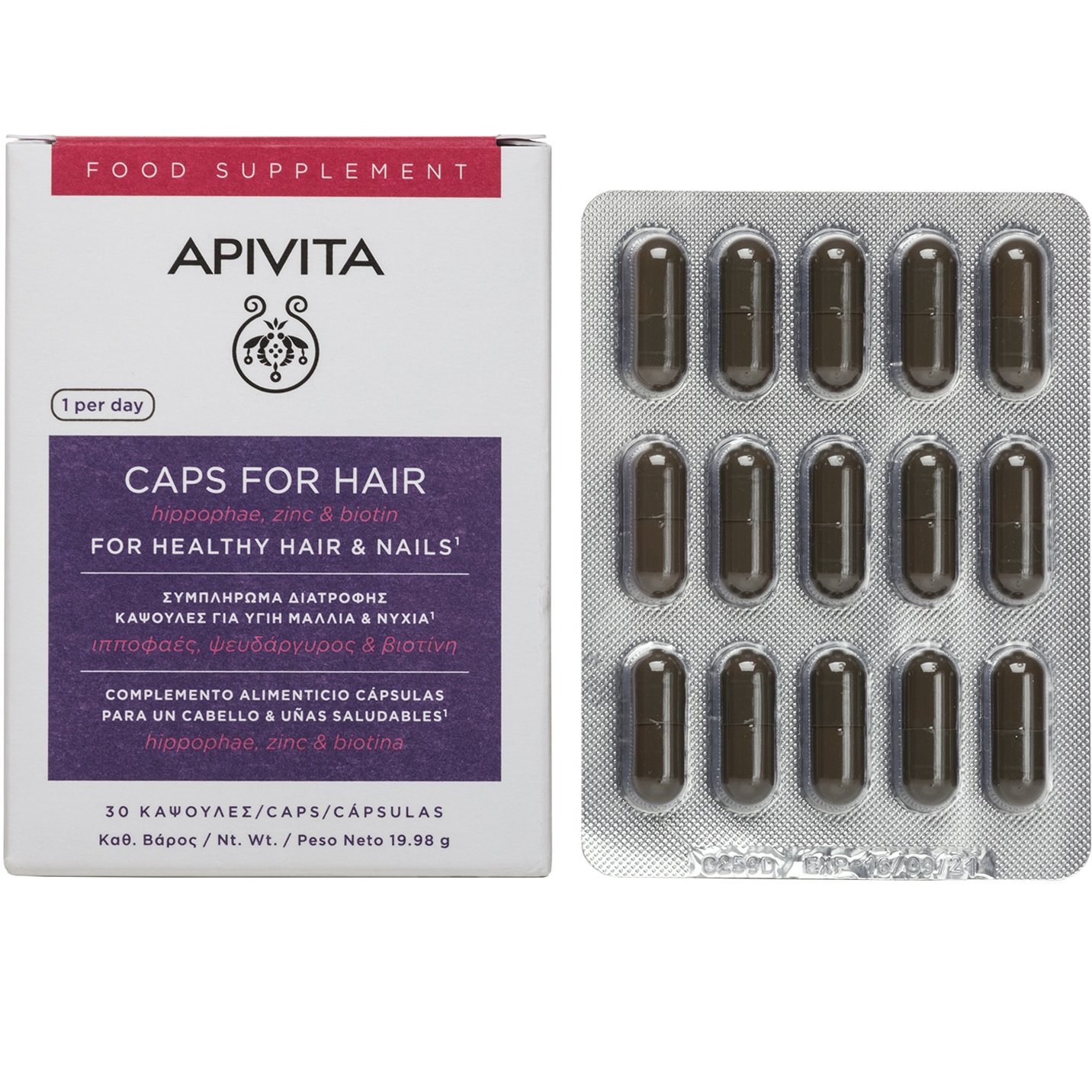 Apivita Apivita Caps for Hair & Nails Συμπλήρωμα Διατροφής με Ιπποφαές, Ψευδάργυρο & Βιοτίνη για Υγιή Μαλλιά & Νύχια 30caps