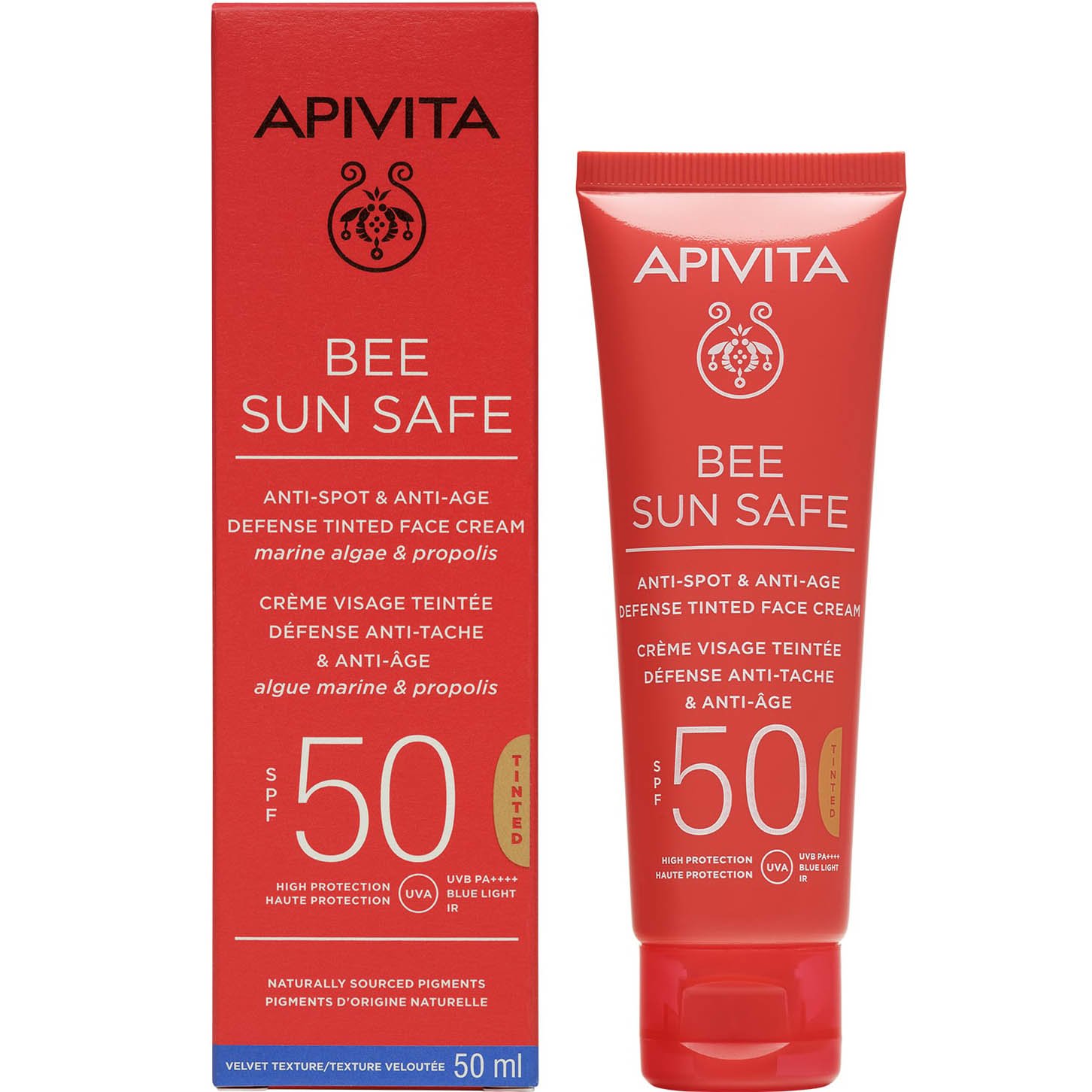 Apivita Apivita Bee Sun Safe Anti-Spot & Anti-Age Defence Face Cream Spf50 Tinted Αντηλιακή Κρέμα Προσώπου Κατά των Πανάδων & των Ρυτίδων, Υψηλής Προστασίας με Χρώμα 50ml