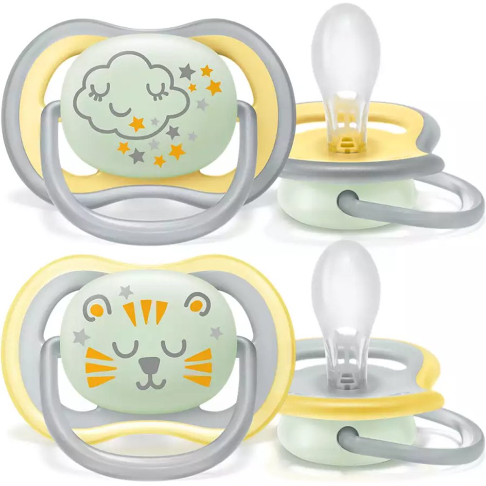 Philips Avent Philips Avent Ultra Air Nighttime Silicone Soother 18m+ Κίτρινο - Γκρι Ορθοδοντική Πιπίλα Σιλικόνης που Λάμπει στο Σκοτάδι 2 Τεμάχια, Κωδ SCF376/01