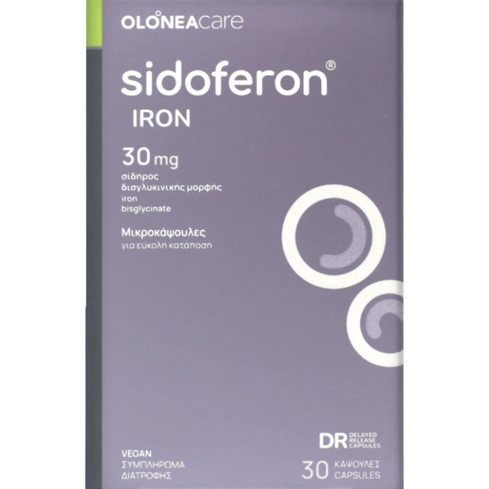 Olonea Olonea Sidoferon Iron 30mg Συμπλήρωμα Διατροφής Σιδήρου Δισγλυκινικής Μορφής Ήπιο στο Στομάχι για την Αντιμετώπιση της Σιδηροπενικής Αναιμίας & Κατά της Κόπωσης 30caps