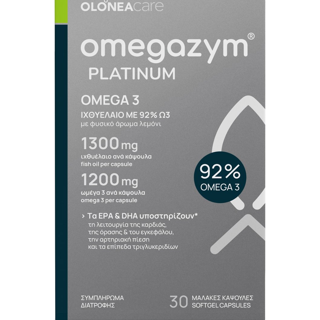 Olonea Olonea Omegazym Platinum Συμπλήρωμα Διατροφής Ιχθυελαίου Πλούσιο σε Ω3 Λιπαρά Οξέα Υψηλής Συγκέντρωσης & Καθαρότητας για την Καλή Λειτουργία του Καρδιαγγειακού Συστήματος, Ενίσχυση της Υγείας των Ματιών & Καλή Λειτουργία του Εγκεφάλου 30 Softgels