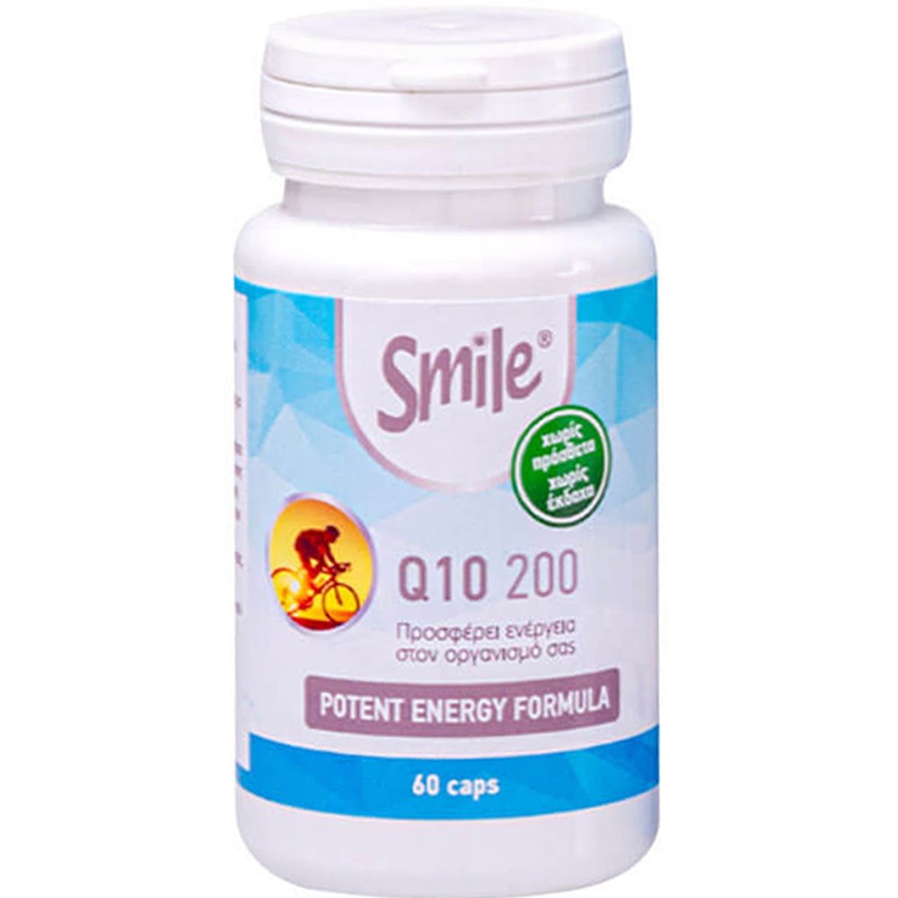 Smile Smile Q10 200mg Συμπλήρωμα Διατροφής Συνένζυμου Q10 για την Ενίσχυση Παραγωγής Ενέργειας σε Κυτταρικό Επίπεδο με Αντιοξειδωτικές Ιδιότητες 60caps