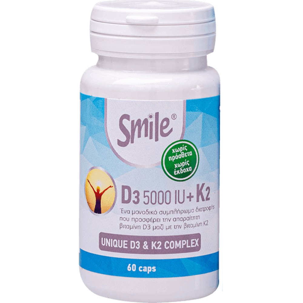 Smile Smile Vitamin D3 5000IU + K2 Συμπλήρωμα Διατροφής Βιταμίνης D3 & Κ2 για την Ενίσχυση του Ανοσοποιητικού, Καλή Λειτουργία των Οστών - Δοντιών & Φυσιολογική Πήξη του Αίματος 60caps