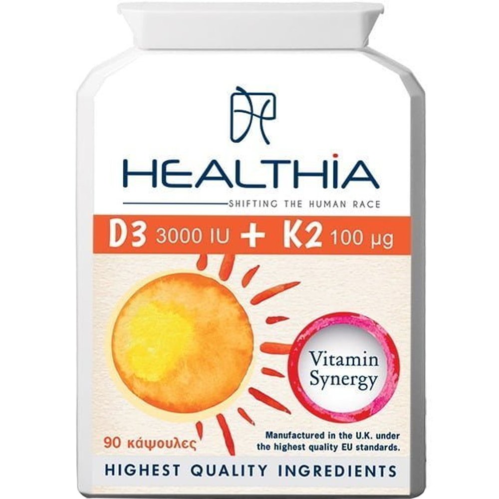 Healthia Healthia Vitamin D3 3000iu & Κ2 100μg Συμπλήρωμα Διατροφής Βιταμίνης D3 & K2 για την Καλή Υγεία των Οστών, Δοντιών & Ενίσχυση του Ανοσοποιητικού 90caps