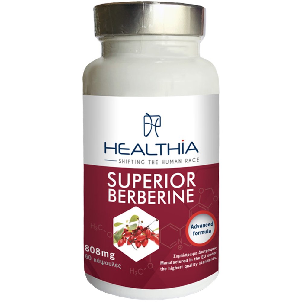 Healthia Healthia Superior Berberine 808mg Συμπλήρωμα Διατροφής Εκχυλίσματος του Φυτού Berberis Aristata Υψηλής Περιεκτικότητας σε Βερβερίνη & Βιταμινών, Μετάλλων για τον Έλεγχο του Σακχάρου στο Αίμα, Καλή Υγεία της Καρδιάς & Έλεγχο Βάρους 60caps