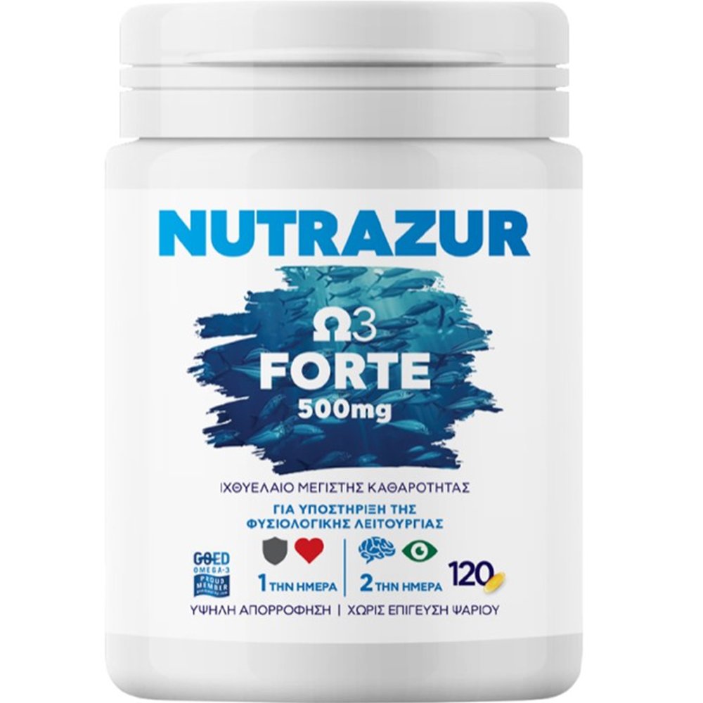 Rener Pharmaceuticals Rener Pharmaceuticals Nutrazure Ω3 Forte 500mg Συμπλήρωμα Διατροφής Ιχθυελαίου Μέγιστης Καθαρότητας & Υψηλής Απορρόφησης Πλούσιο σε Ω3 για την Υποστήριξη της Καλής Λειτουργίας του Εγκεφάλου, της Όρασης & της Καρδιάς Χωρίς Επίγευση Ψαριού 120caps