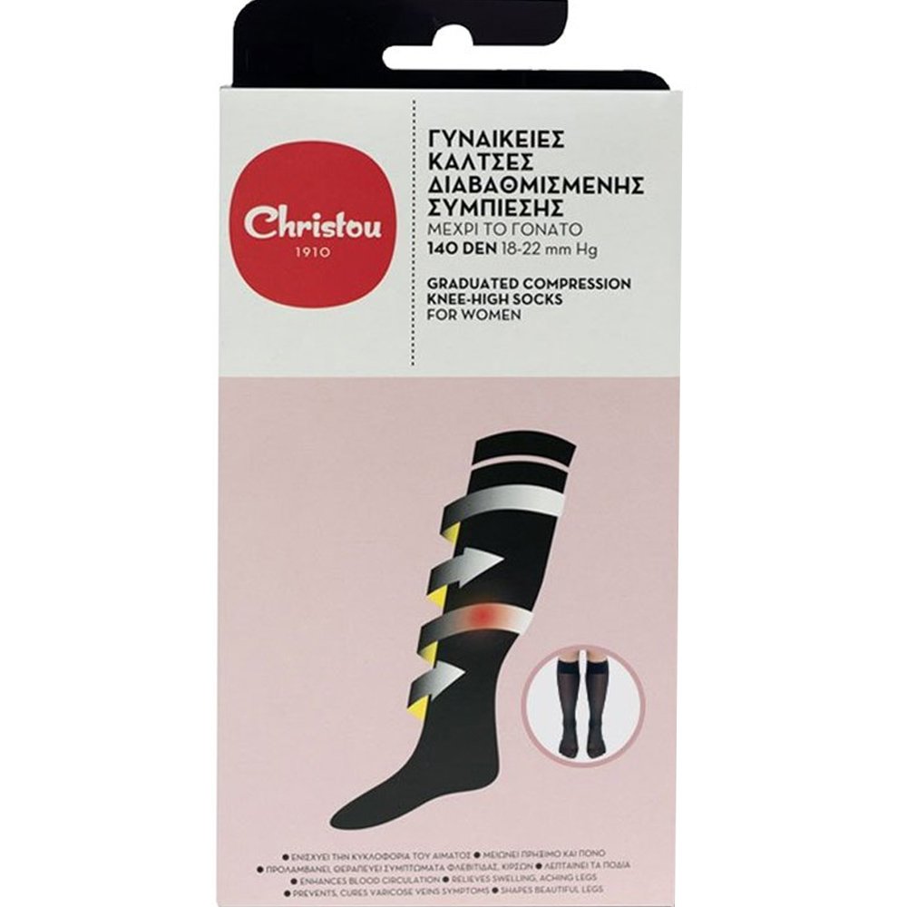 Christou 1910 Christou Hi-Tech Compression Socks for Women CH-018 140 DEN 18-22mm Hg Black Γυναικείες Κάλτσες Διαβαθμισμένης Συμπίεσης με Βαμβάκι σε Μαύρο Χρώμα 1 Ζευγάρι - Small