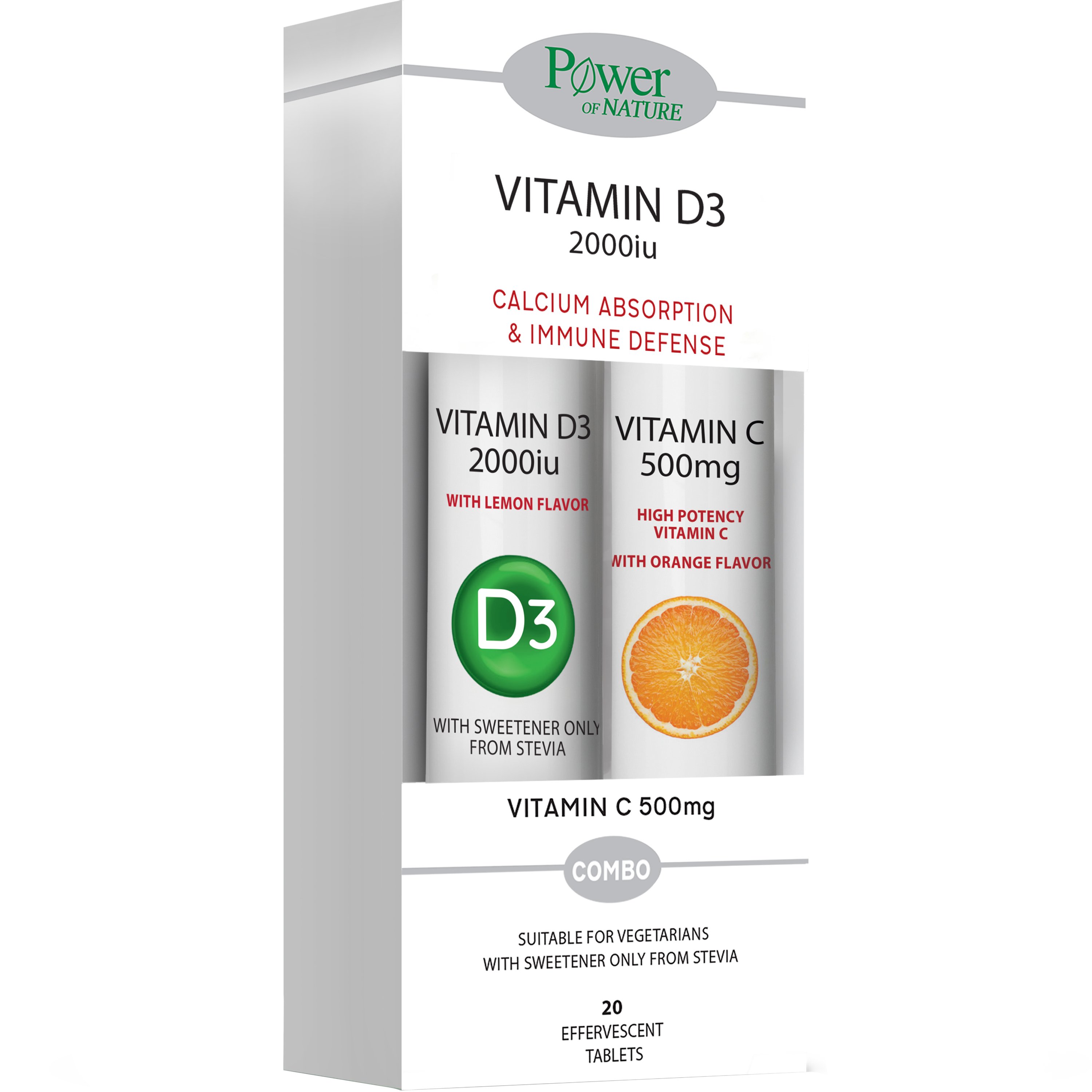 Power Health Power Health Promo Vitamin D3 2000iu Stevia 20 Effer.tabs & Vitamin C 500mg 20 Effer.tabs 1+1 Δώρο,Συμπλήρωμα Διατροφής Βιταμίνης D3 για Απορρόφηση του Ασβεστίου & Βιταμίνη C για Ενίσχυση της Άμυνας του Οργανισμού