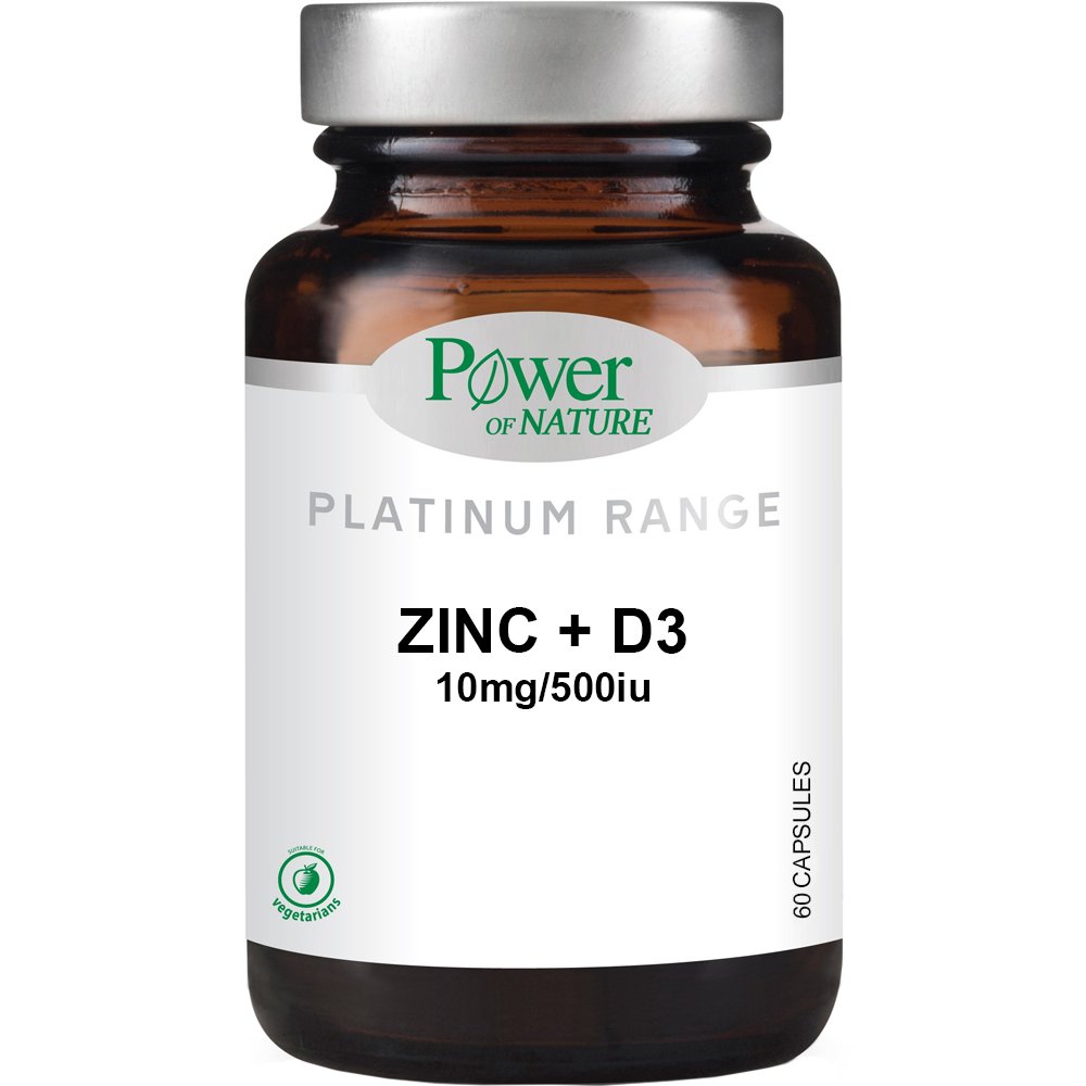 Power Health Power Health Platinum Range Zinc 10mg & Vitamin D3 500iu Συμπλήρωμά Διατροφής με Βιταμίνη D3 & Ψευδάργυρο για Μέγιστη Απορρόφηση για Τόνωση των Οστών, Μυών, Δοντιών & Ενίσχυση Ανοσοποιητικού 60caps