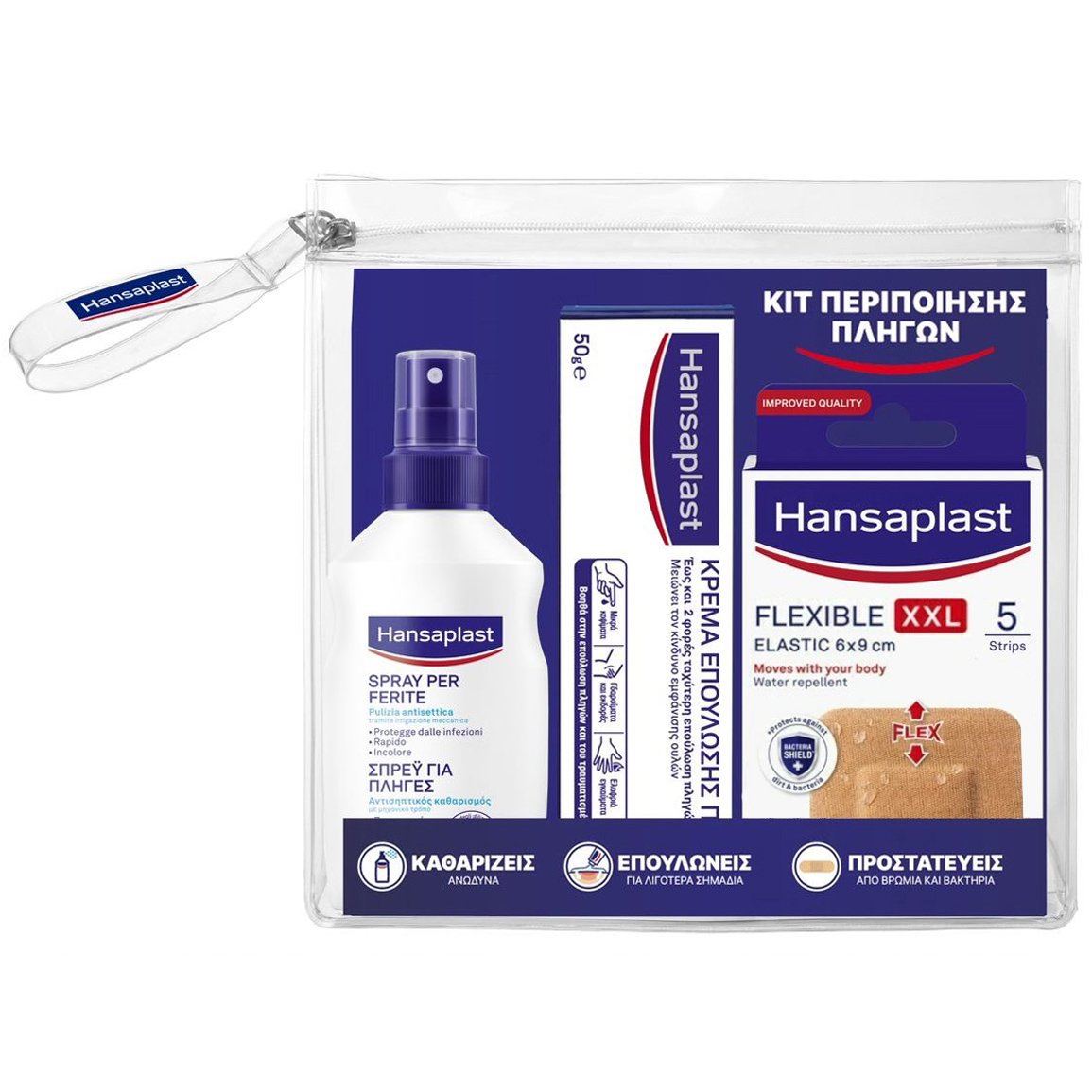 Hansaplast Hansaplast Πακέτο Προσφοράς Kit Περιποίησης Πληγών Wound Spray 100ml, Wound Healing Ointment 50g & Flexible Strips XXL Elastic 6x9cm 5 Τεμάχια