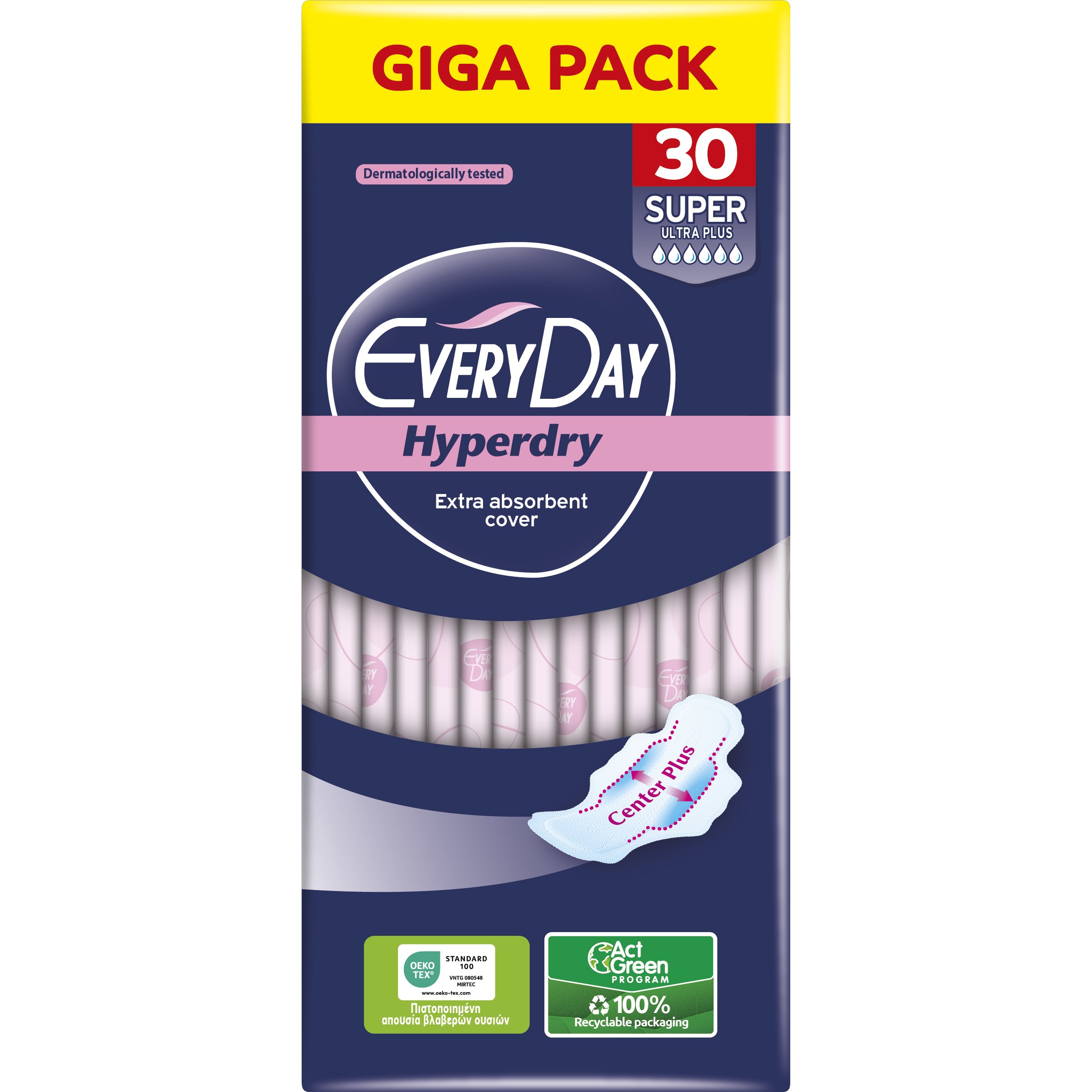 Every Day Hyperdry Super Ultra Plus Giga Pack Μεγάλου Μήκους Λεπτές Σερβιέτες, με Φτερά Προστασίας & Βαμβάκι για Μέγιστη Απορρόφηση Κατά των Ερεθισμών 30 Τεμάχια 60405