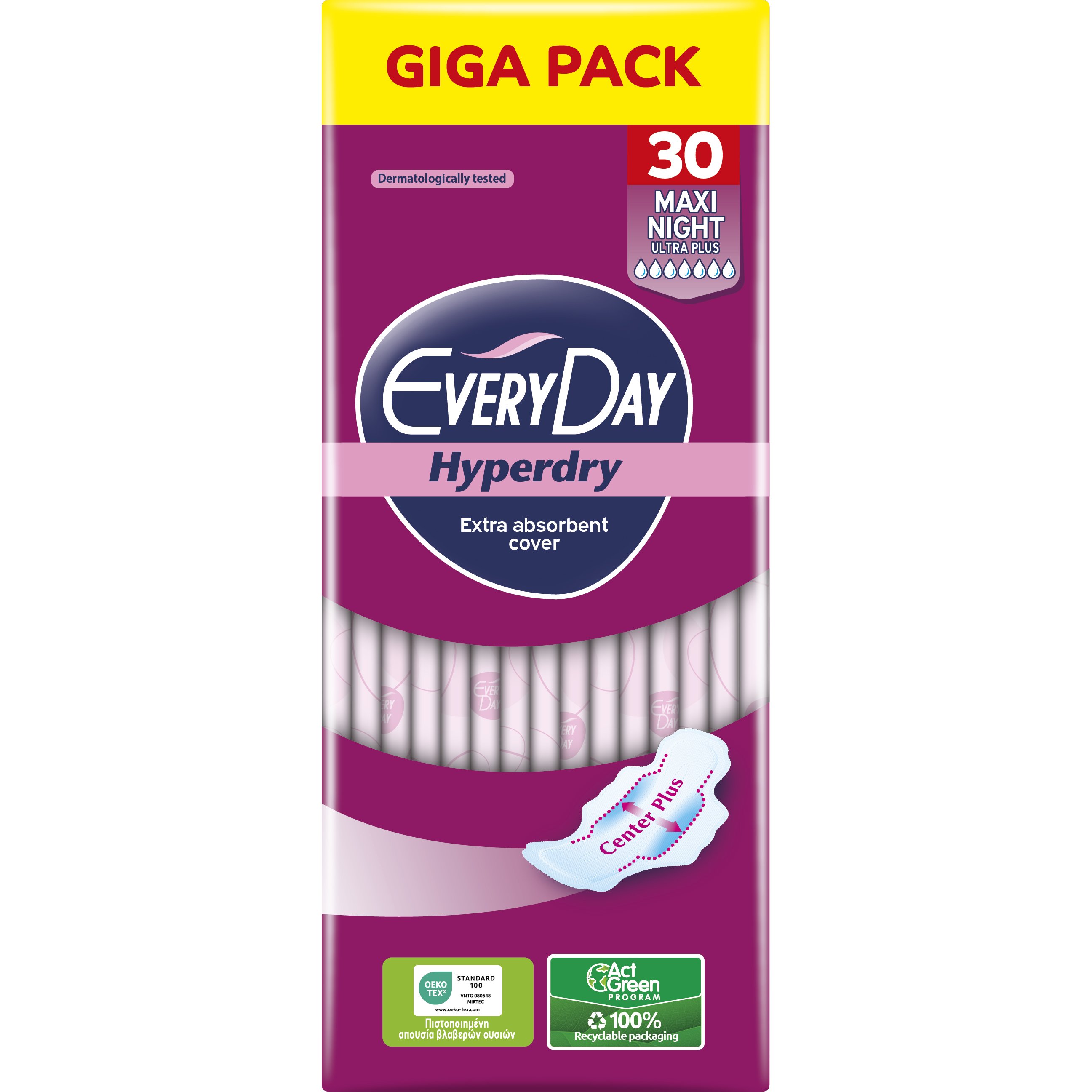 Every Day Hyperdry Maxi Night Ultra Plus Giga Pack Μεγάλου Μήκους Λεπτές Σερβιέτες, με Φτερά Προστασίας & Βαμβάκι για Μέγιστη Απορρόφηση Κατά των Ερεθισμών Κατάλληλες για τη Νύχτα ή για Περιπτώσεις Μεγάλης Ροής 30 Τεμάχια 60408