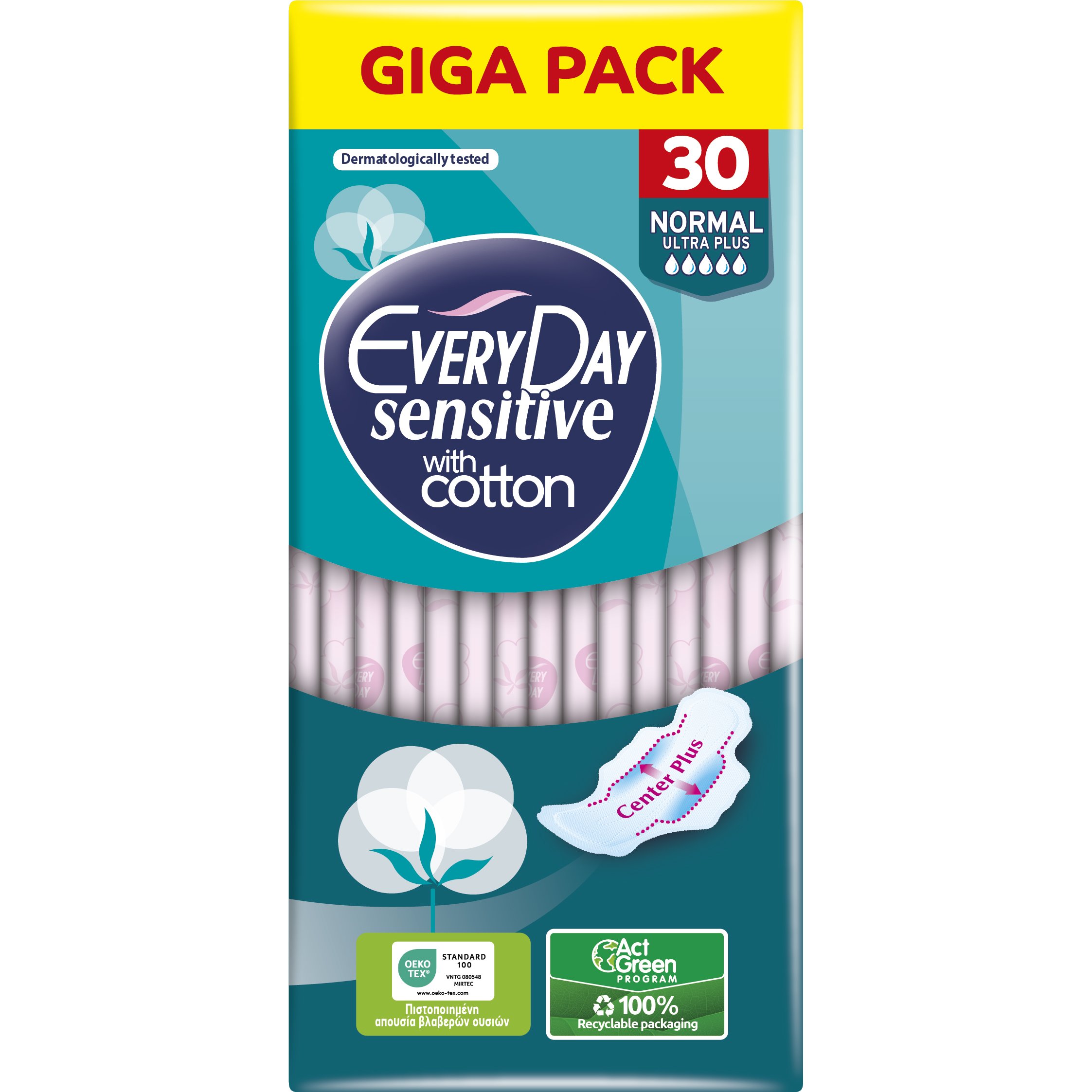 Every Day Sensitive with Cotton Normal Ultra Plus Giga Pack Κανονικού Μήκους Λεπτές Σερβιέτες, με Φτερά Προστασίας & Βαμβάκι για Μέγιστη Απορρόφηση Κατά των Ερεθισμών 30 Τεμάχια 60402