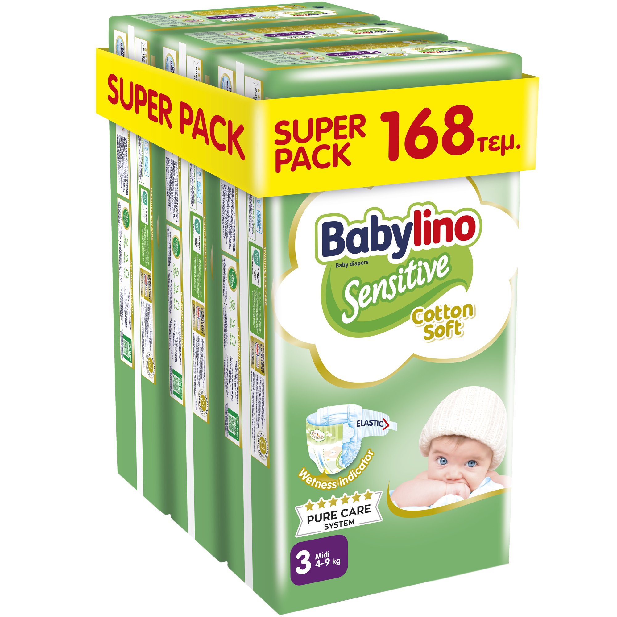 Babylino Babylino Sensitive Cotton Soft Super Pack Midi Νο3 (4-9kg) 168 Τεμάχια (3x56 Τεμάχια)