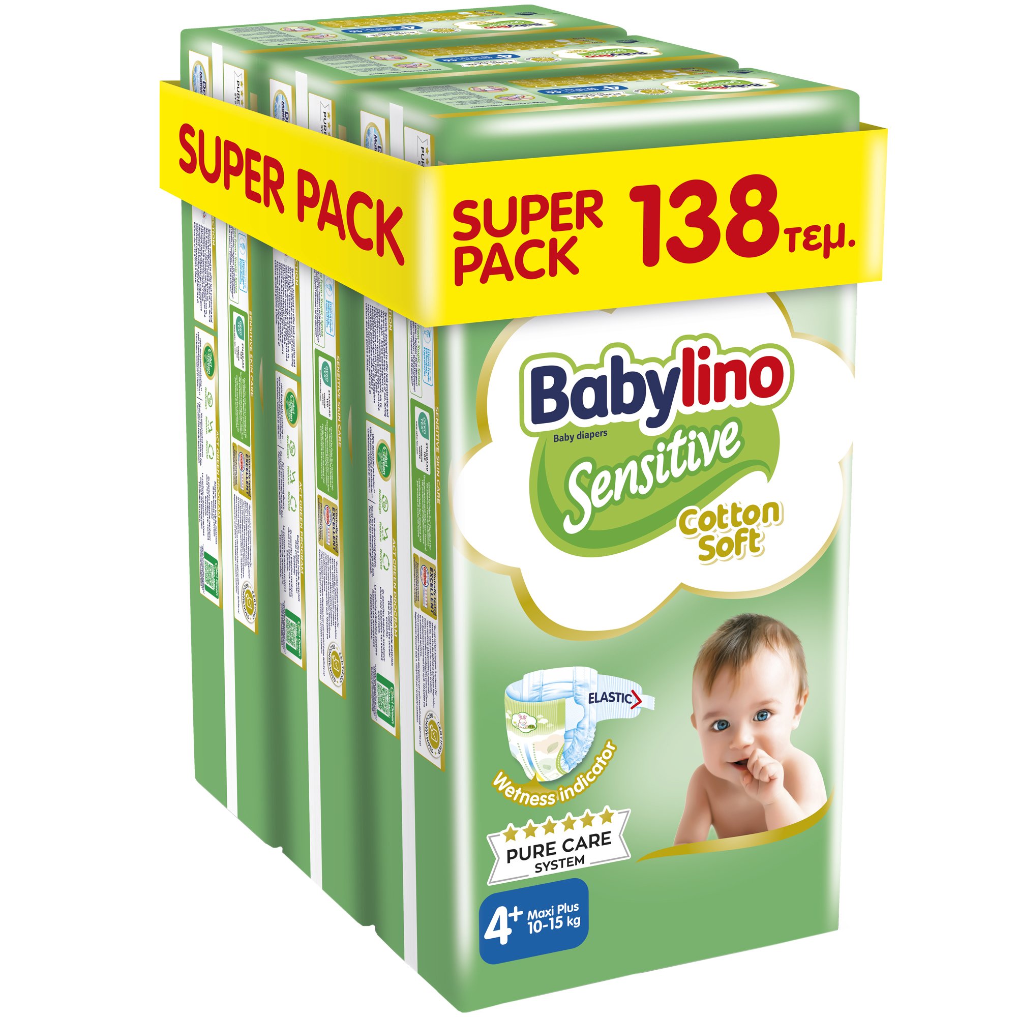 Babylino Babylino Sensitive Cotton Soft Super Pack Maxi Plus Νο4+ (10-15kg) 138 Τεμάχια (3x46 Τεμάχια)