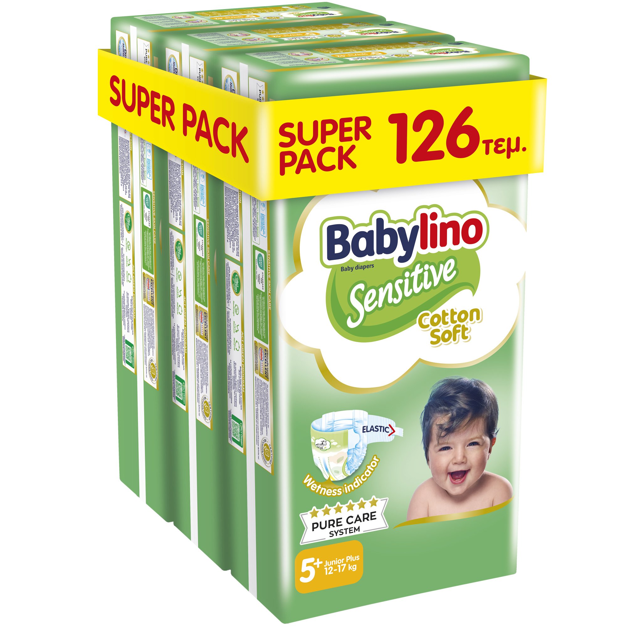 Babylino Babylino Sensitive Cotton Soft Super Pack Junior Plus Νο5+ (12-17kg) 126 Τεμάχια (3x42 Τεμάχια)