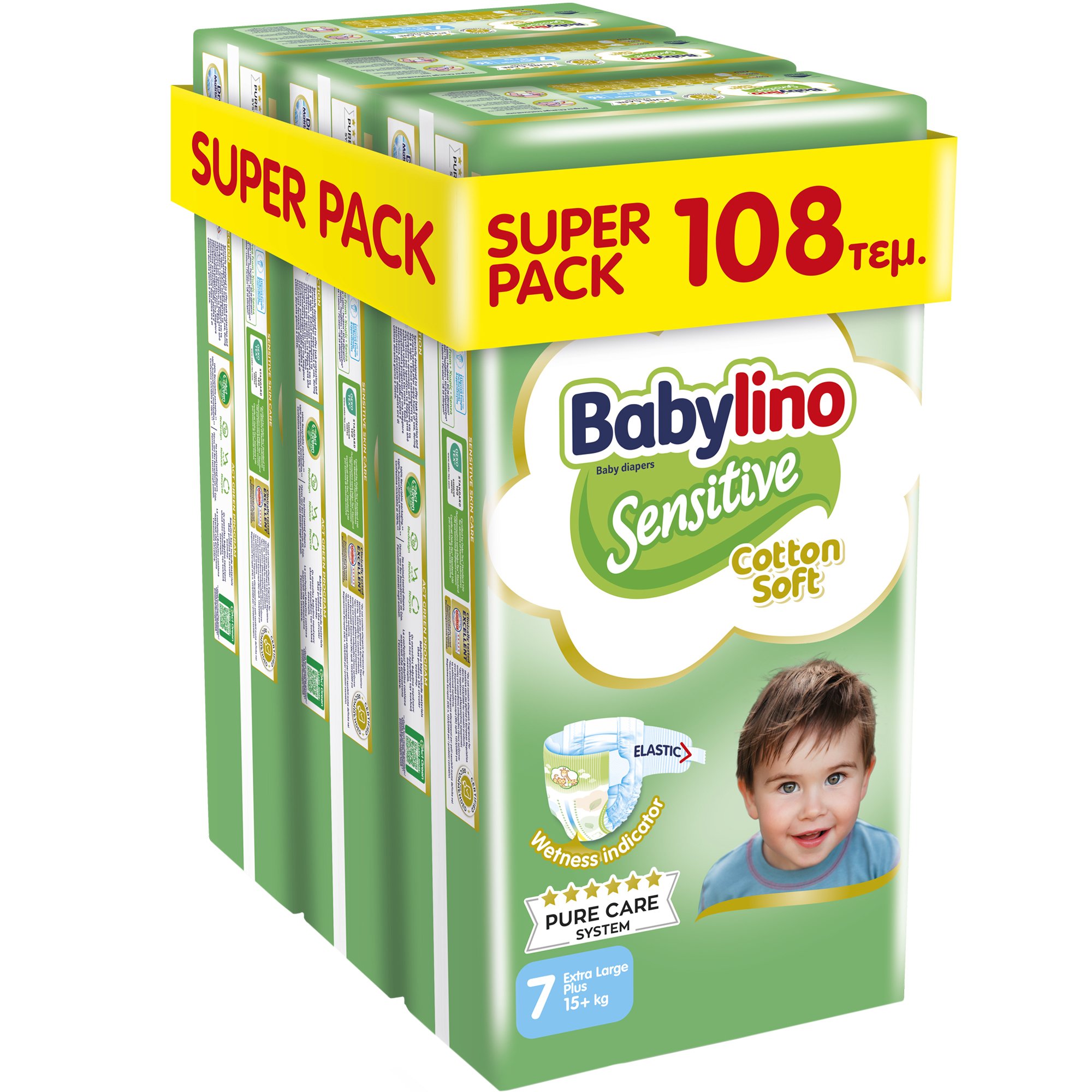 Babylino Babylino Sensitive Cotton Soft Super Pack Extra Large Plus Νο7 (15+ kg) 108 Τεμάχια (3x36 Τεμάχια)