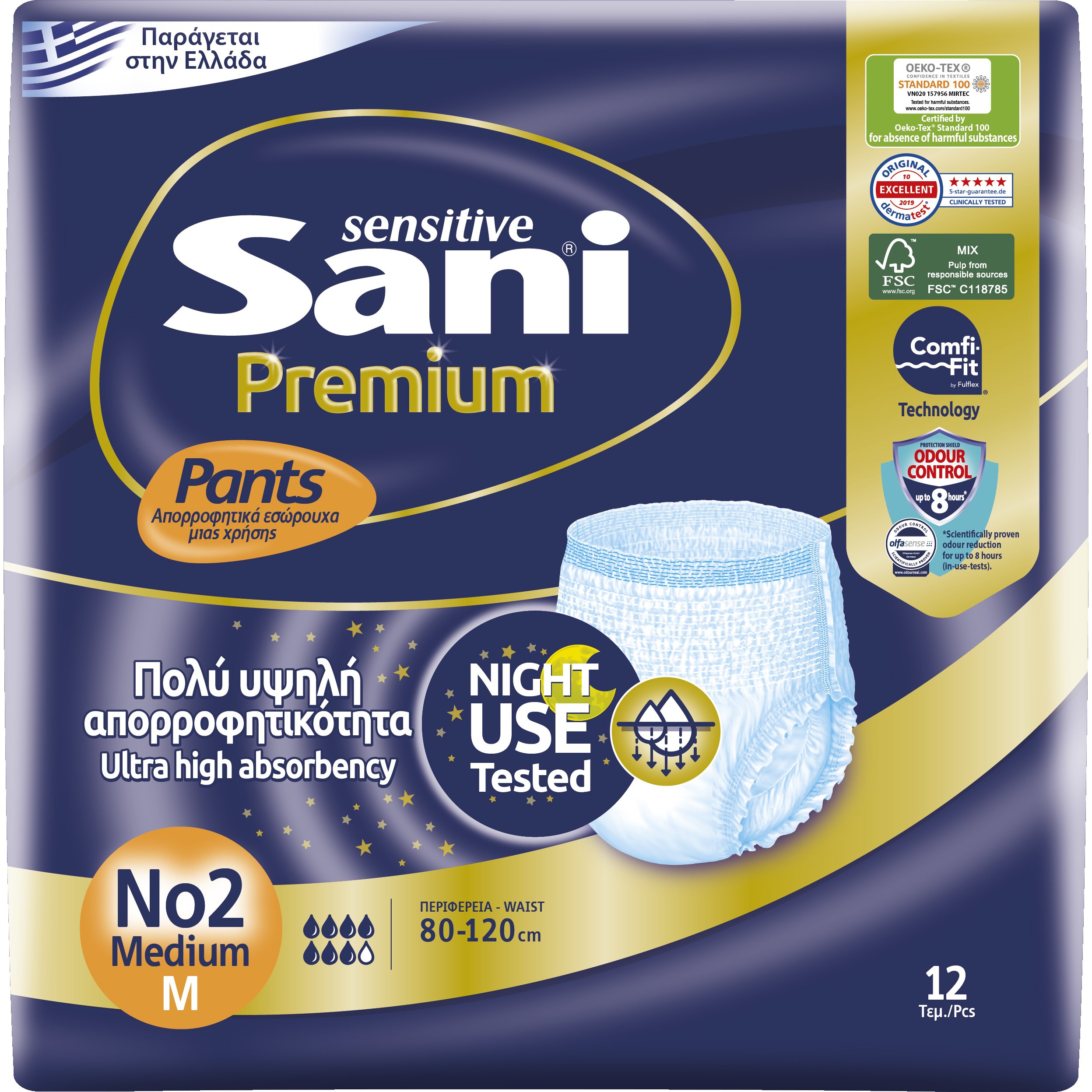 Sani Sani Sensitive Premium Pants Ελαστικά, Απορροφητικά Εσώρουχα Ακράτειας μιας Χρήσης 12 Τεμάχια - No2 Medium