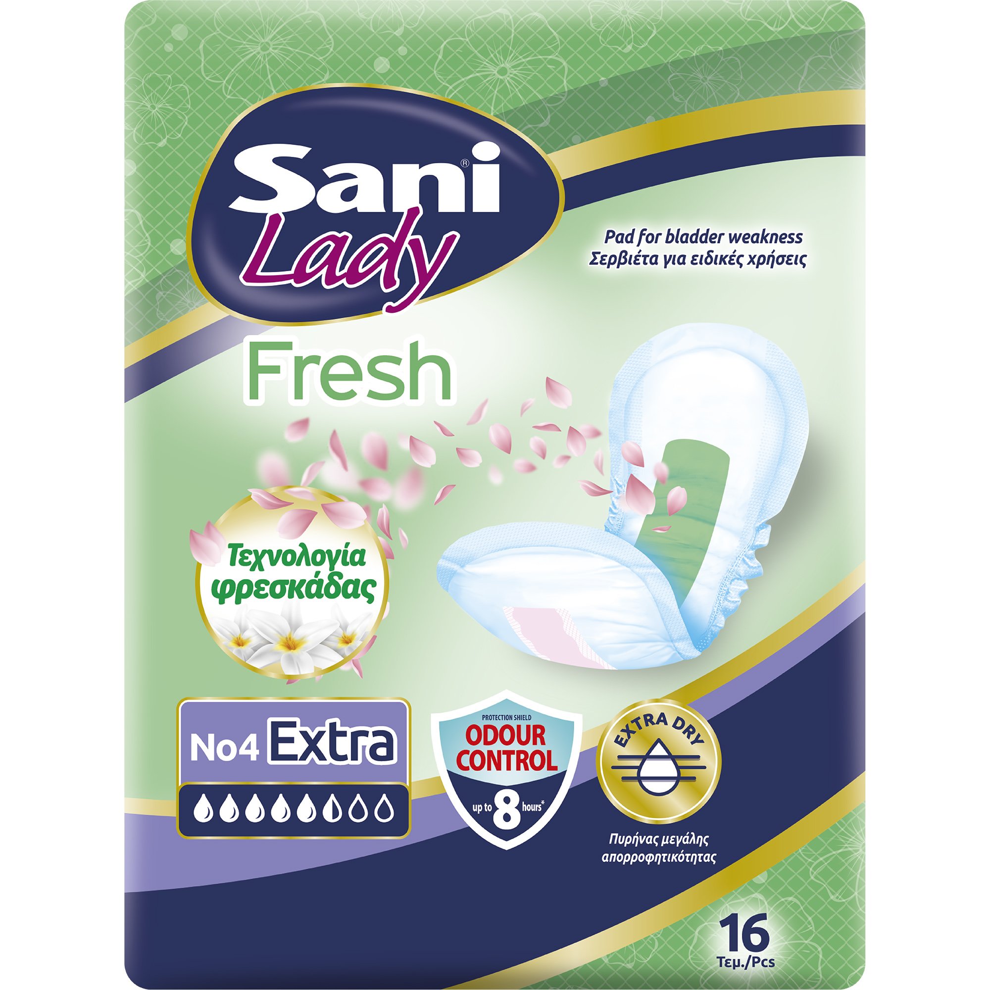 Sani Sani Lady Fresh No4 Extra 16 Τεμάχια Γυναικείες Σερβιέτες Νυκτός για Ελαφράς Μορφή Ακράτειας