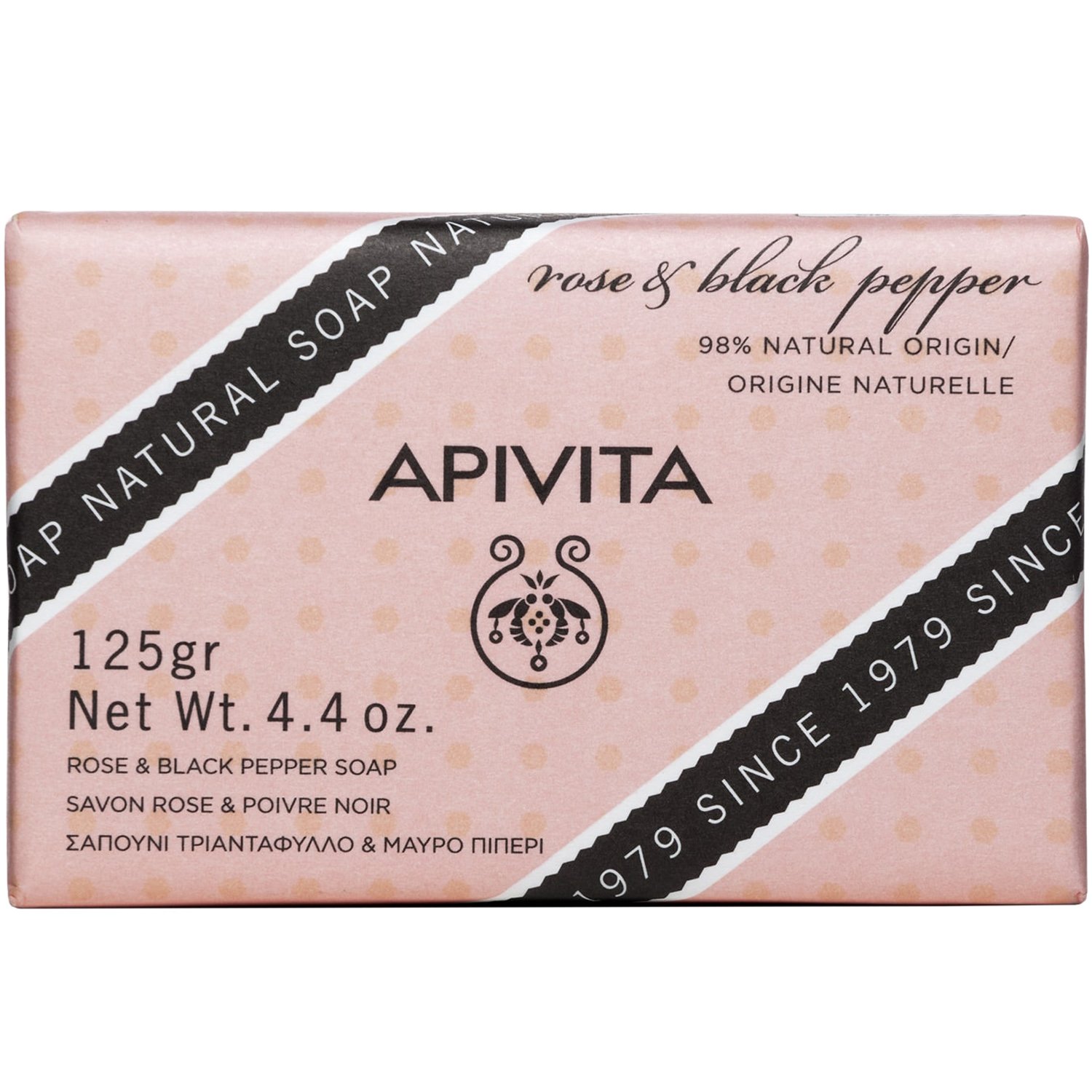 Apivita Apivita Natural Soap With Rose & Black Pepper Φυτικό Σαπούνι με Τριαντάφυλλο & Μαύρο Πιπέρι, Κατάλληλο για Όλους Τους Τύπους Επιδερμίδας 125g