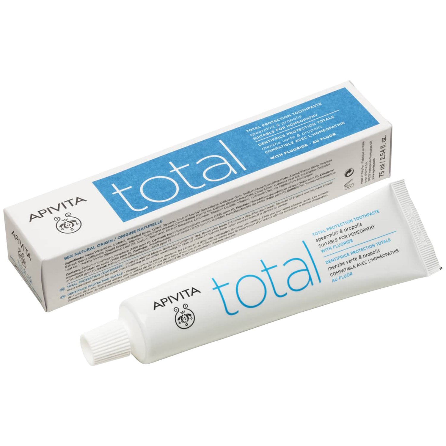 Apivita Apivita Natural Dental Care Total Toothpaste With Spearmint & Propolis Οδοντόκρεμα για Ολοκληρωμένη Προστασία με Πρόπολη & Δυόσμο Κατάλληλη για Ομοιοπαθητική 75ml