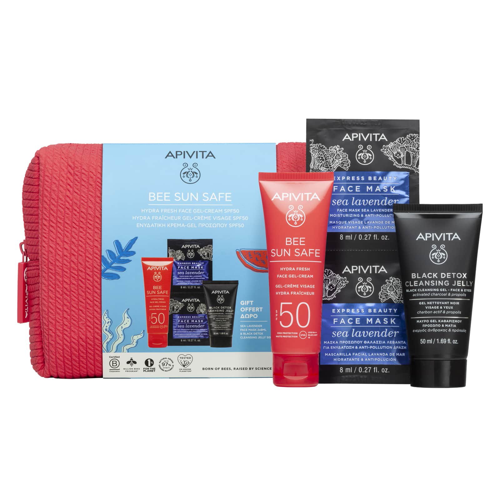 Apivita Apivita Promo Bee Sun Safe Hydra Fresh Gel-Cream Spf50 50ml & Δώρο Black Detox Cleansing Jelly 50ml & Express Face Mask Sea Levander 16ml (2x8ml) & Δώρο Κοραλί Νεσεσέρ 1 Τεμάχιο