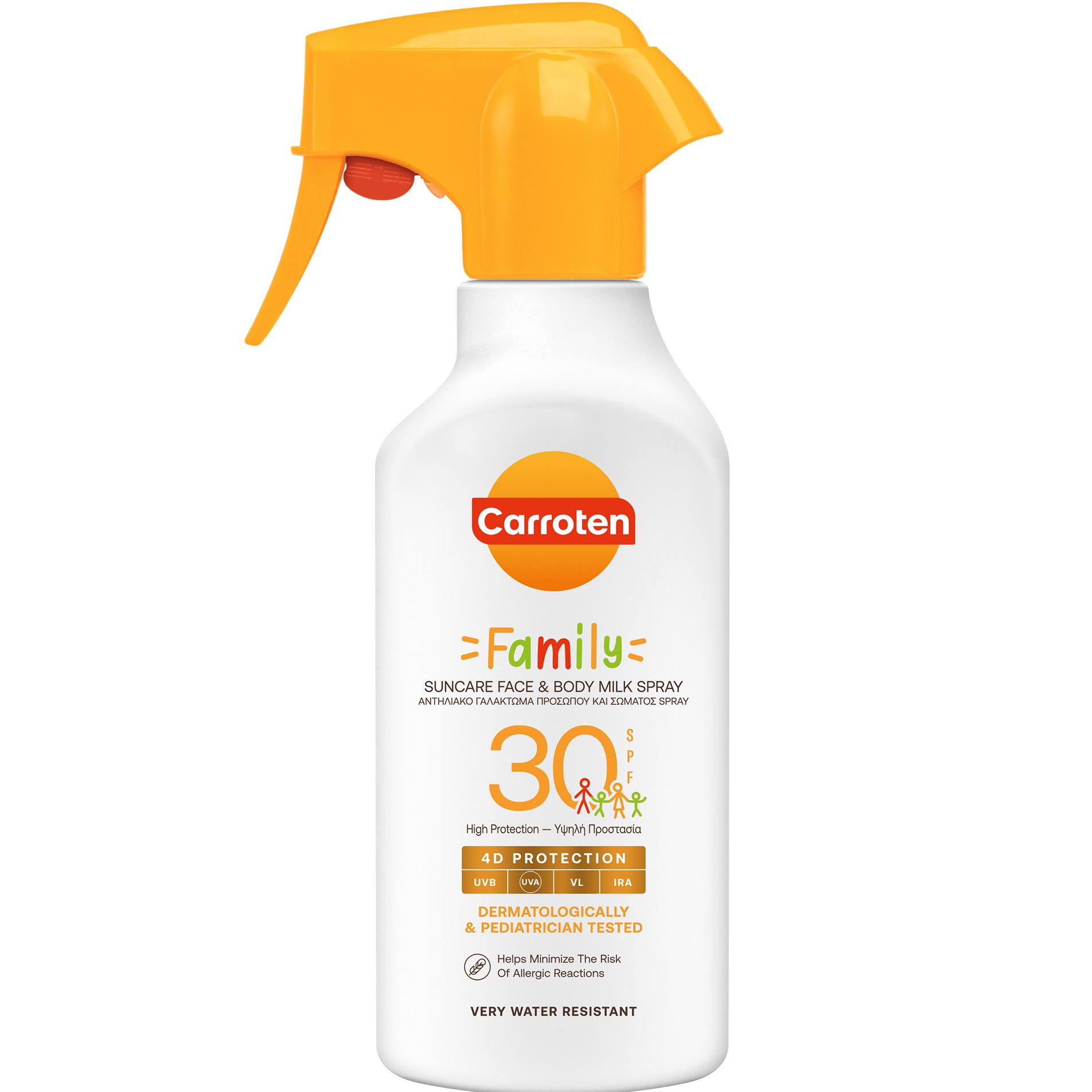 Carroten Carroten Family Suncare Face & Body Milk Spray Spf30 Αντηλιακό Γαλάκτωμα Προσώπου & Σώματος Υψηλής Προστασίας για Όλη την Οικογένεια 270ml