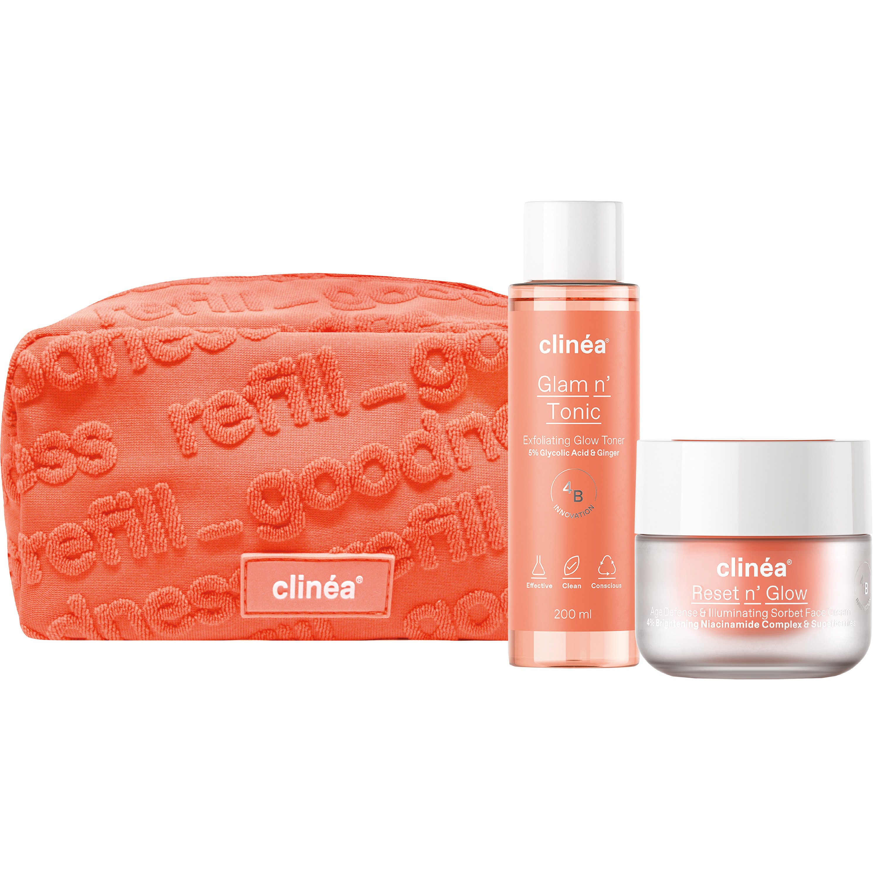 Clinea Clinea Promo Reset n' Glow Age Defense & Illuminating Sorbet Face Cream 50ml & Glam n' Tonic Exfoliating Glow Toner 200ml & Δώρο Νεσεσέρ 1 Τεμάχιο