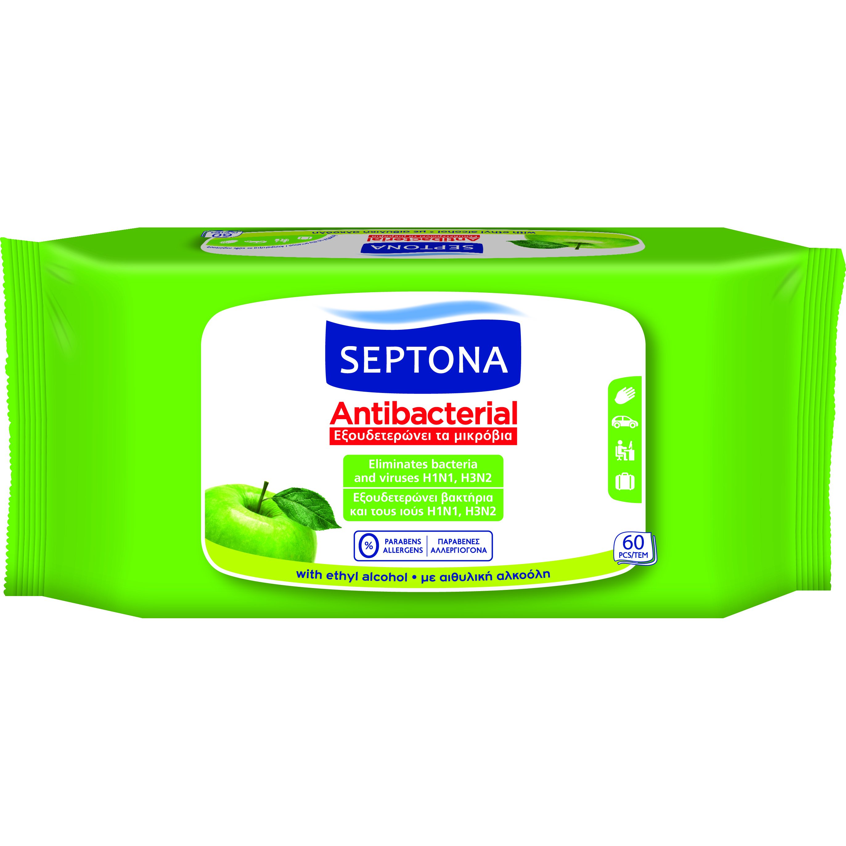 Septona Septona Antibacterial Wipes Green Apple Αντιβακτηριδιακά Μαντηλάκια Χεριών με Άρωμα Πράσινο Μήλο 60 Τεμάχια