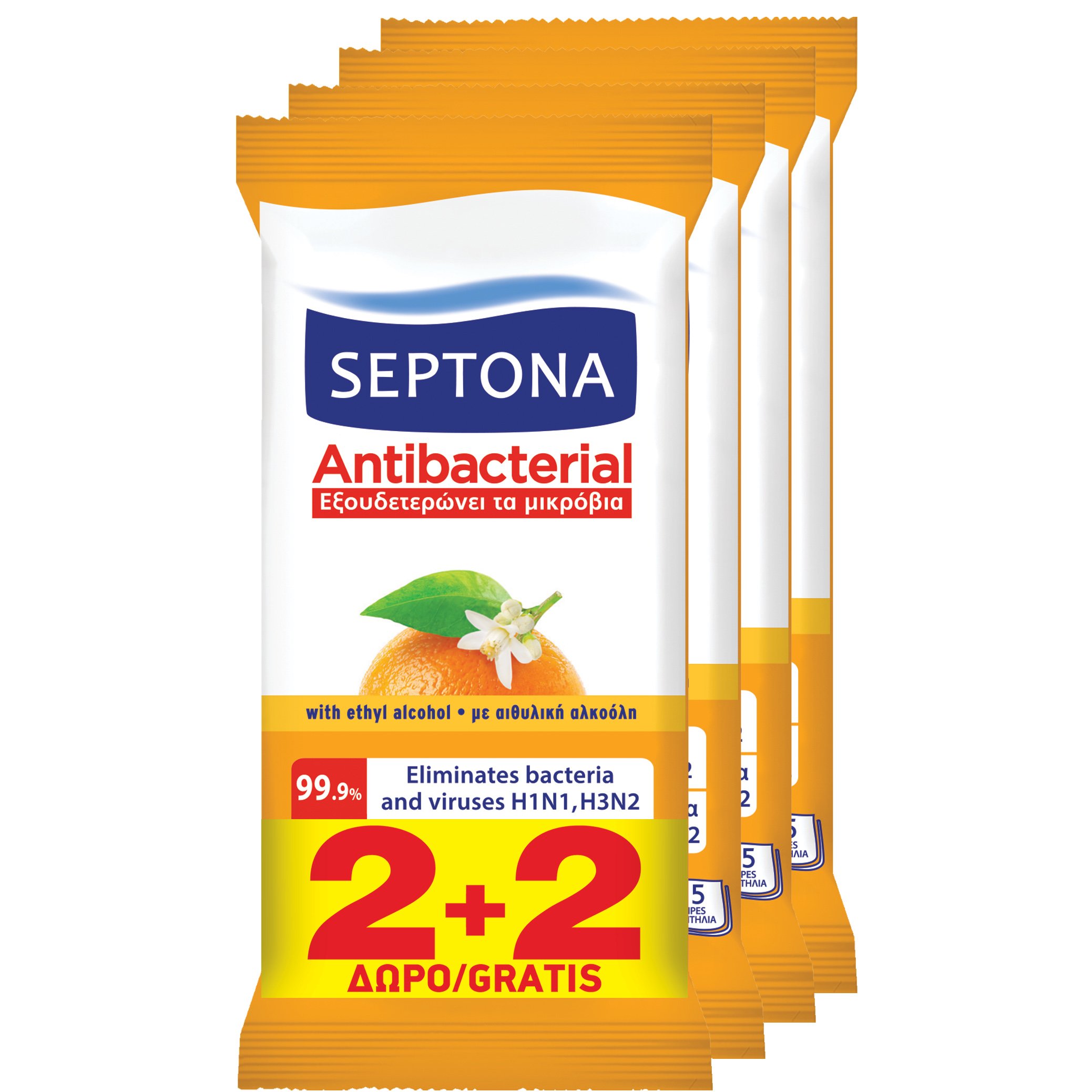 Septona Septona Πακέτο Προσφοράς Antibacterial Wipes Orange Αντιβακτηριδιακά Μαντηλάκια Χεριών με Άρωμα Ανθός Πορτοκαλιού 4x15 Wipes