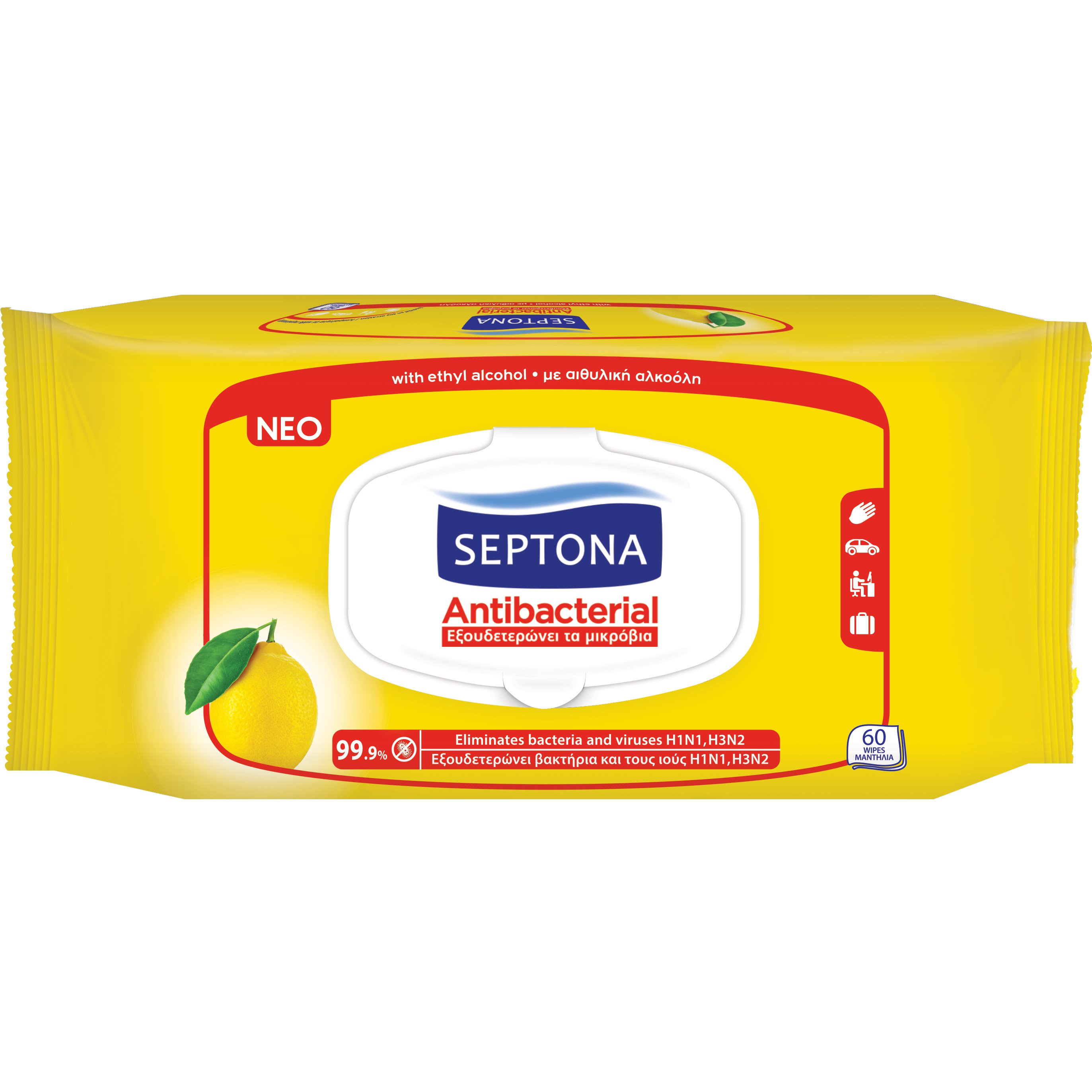 Septona Septona Antibacterial Refresh Antiseptic Αντιβακτηριδιακά Μαντηλάκια Χεριών με Λεμόνι 60 Wipes