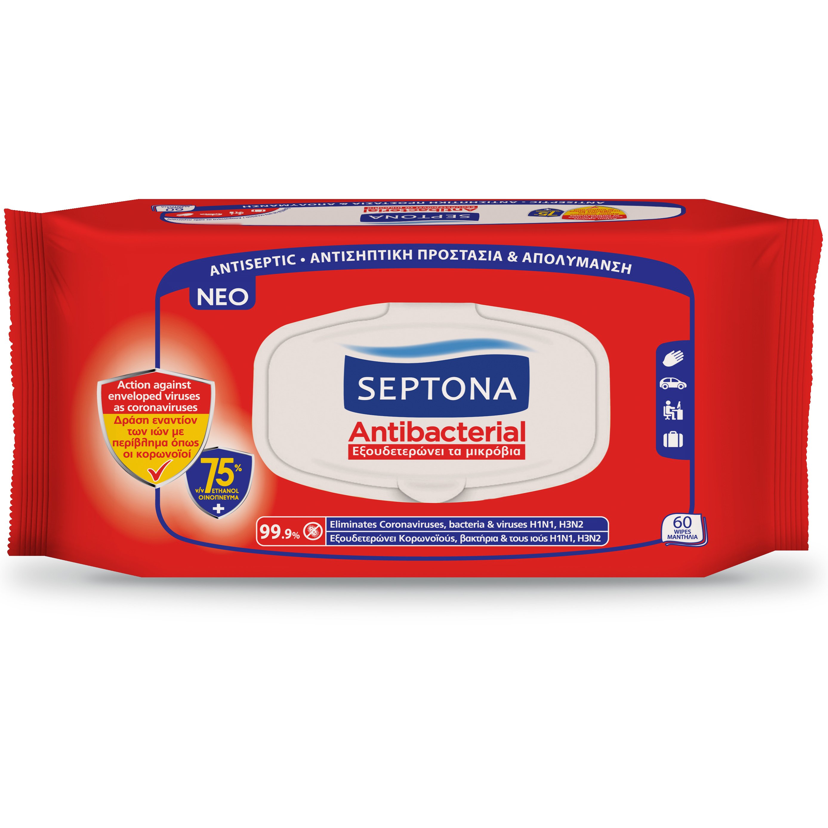 Septona Septona Antibacterial Refresh Antiseptic Αντιβακτηριδιακά Μαντηλάκια Χεριών 75% Ethanol 60 Wipes