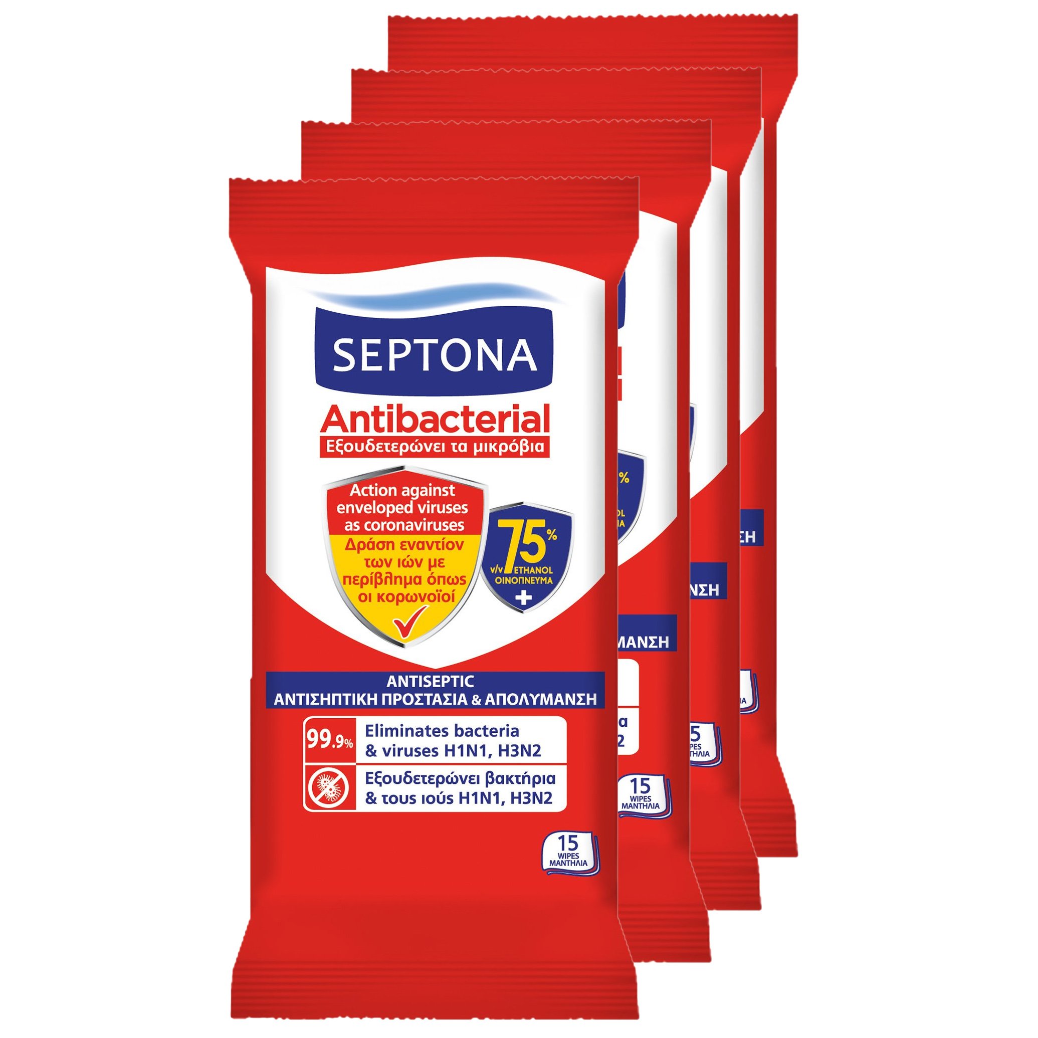 Septona Septona Promo Antibacterial Refresh Antiseptic Wipes Αντιβακτηριδιακά Μαντηλάκια 60 Τεμάχια (4x15 Τεμάχια)