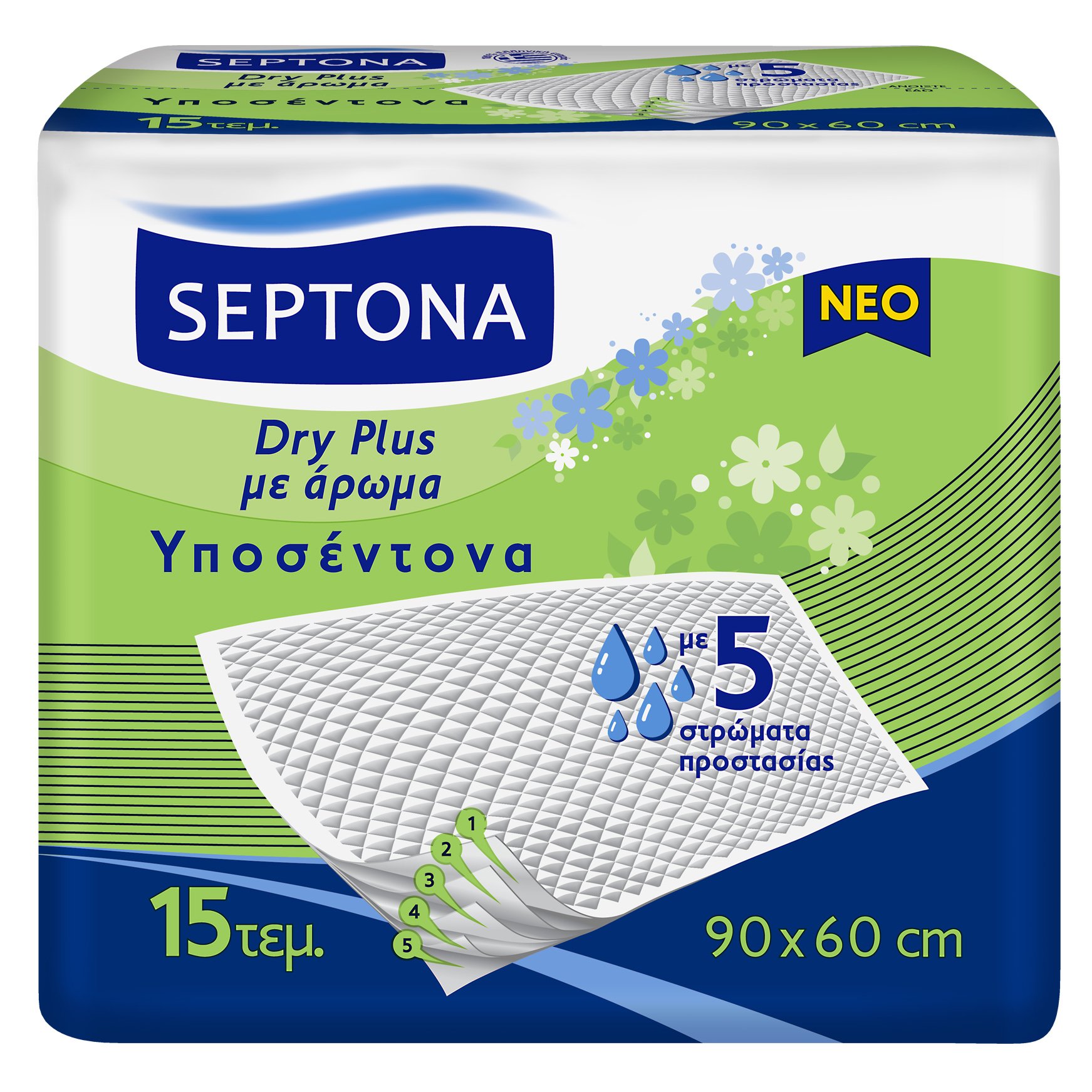 Septona Dry PLus Υποσέντονα με Απαλό Άρωμα για Έλεγχο των Οσμών & 5 Στρώματα Προστασίας 90 x 60cm 15 Τεμάχια φωτογραφία