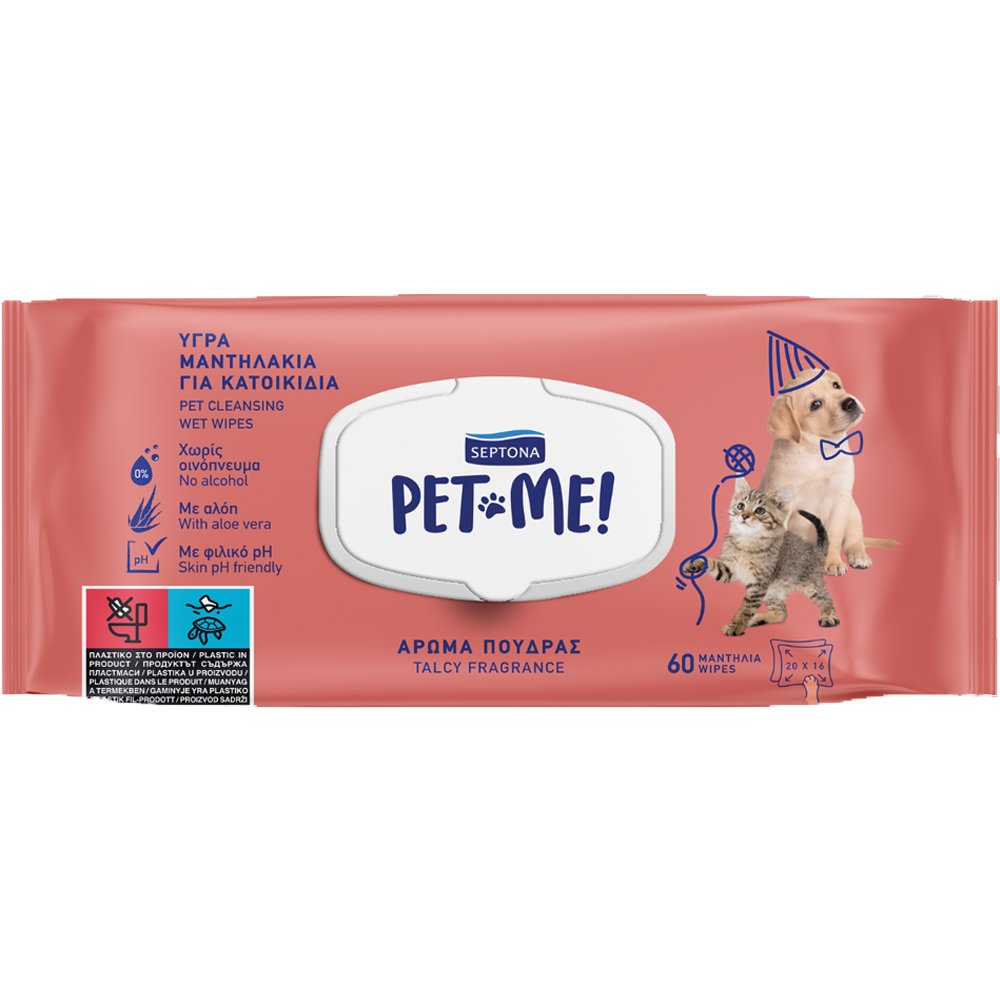 Septona Septona Pet Me! Cleaning Wet Wipes Talcy Υγρά Μαντηλάκια Καθαρισμού για Κατοικίδια με Άρωμα Πούδρας 60 Τεμάχια