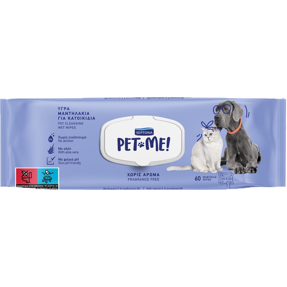 Septona Septona Pet Me! Cleaning Wet Wipes Fragrance Free Υγρά Μαντηλάκια Καθαρισμού για Κατοικίδια Χωρίς Άρωμα 60 Τεμάχια