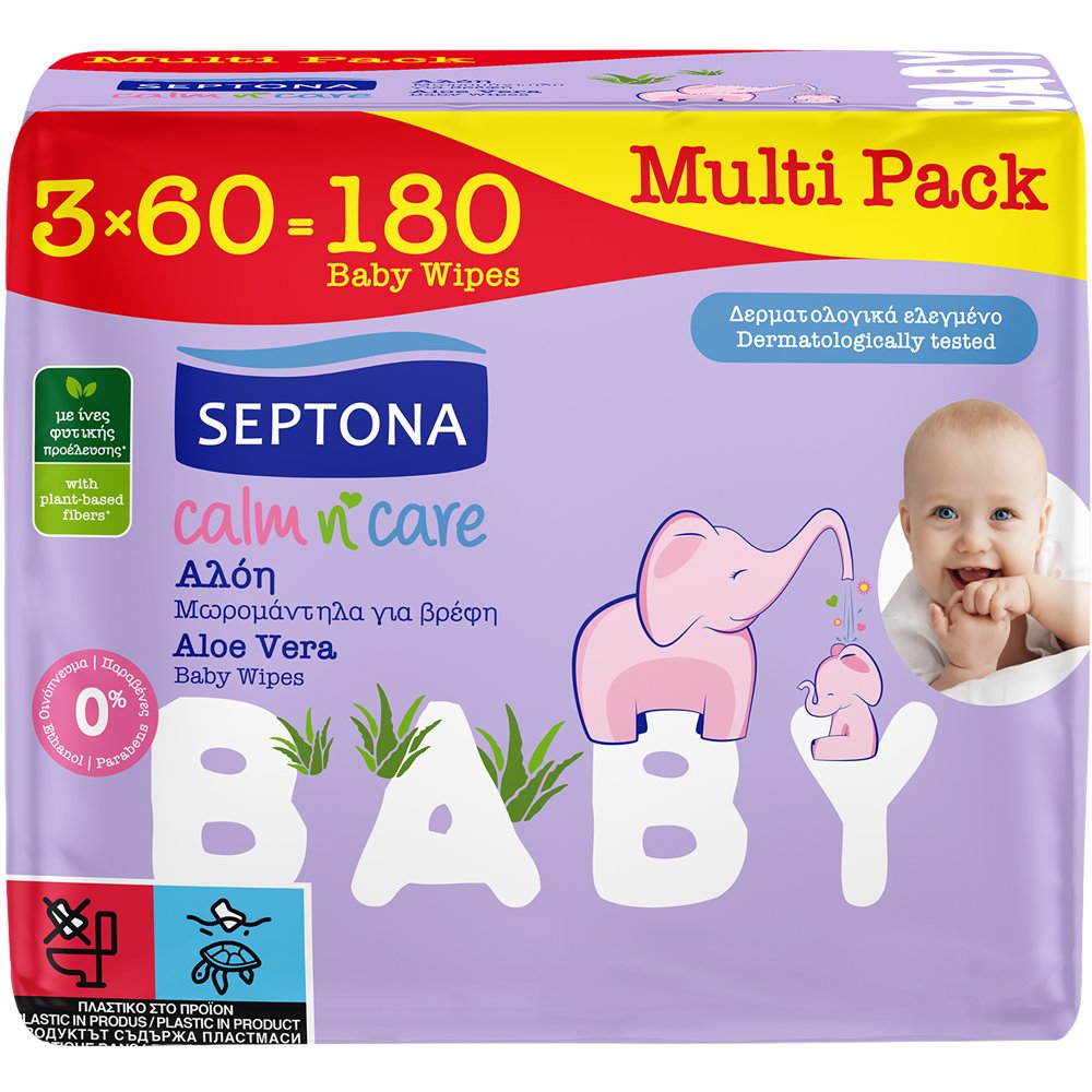 Septona Septona Baby Calm n' Care Aloe Baby Wipes Απαλά Βρεφικά Μωρομάντηλα με Αλόη για Καθημερινή Περιποίηση & Ενυδατωμένη Επιδερμίδα 180 Τεμάχια (3x60 Τεμάχια)