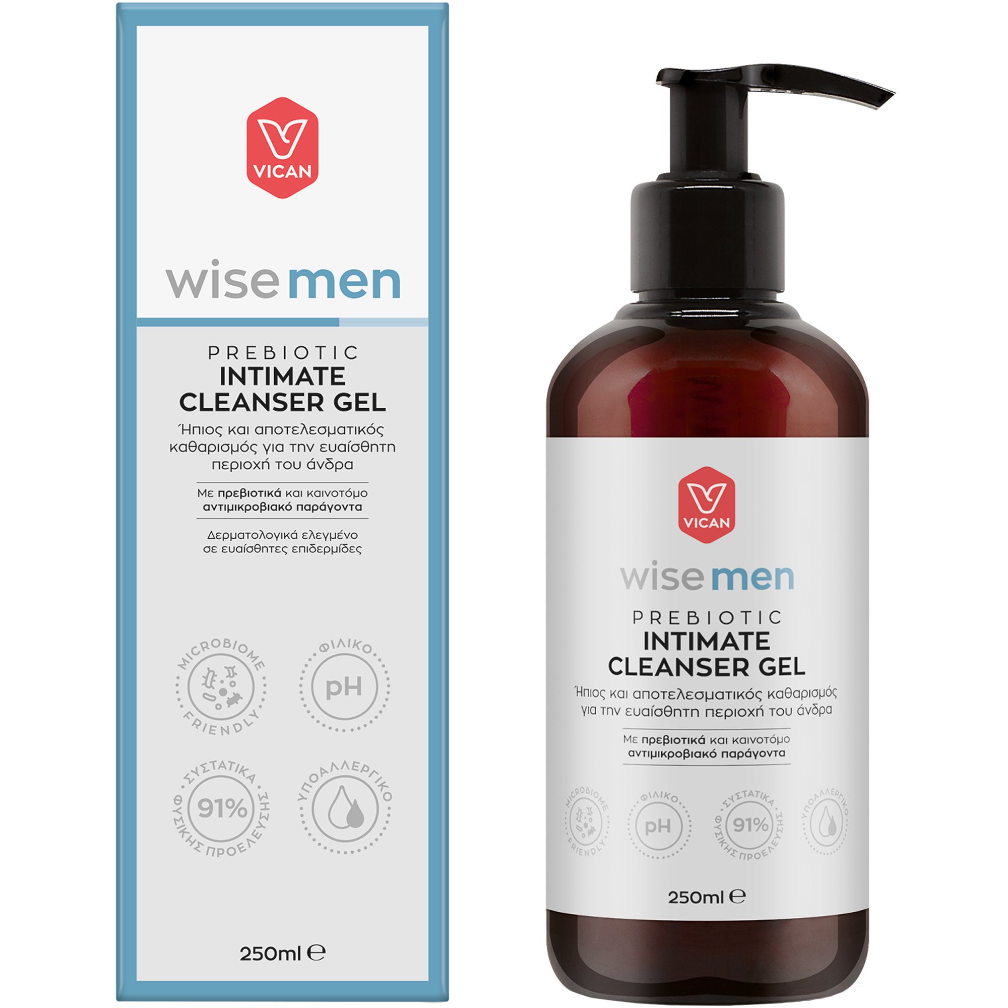 Vican Vican Wise Men Prebiotic Intimate Cleanser Gel Gel για Ήπιο & Αποτελεσματικό Καθαρισμό της Ευαίσθητης Περιοχής του Άνδρα με Πρεβιοτικά 250ml