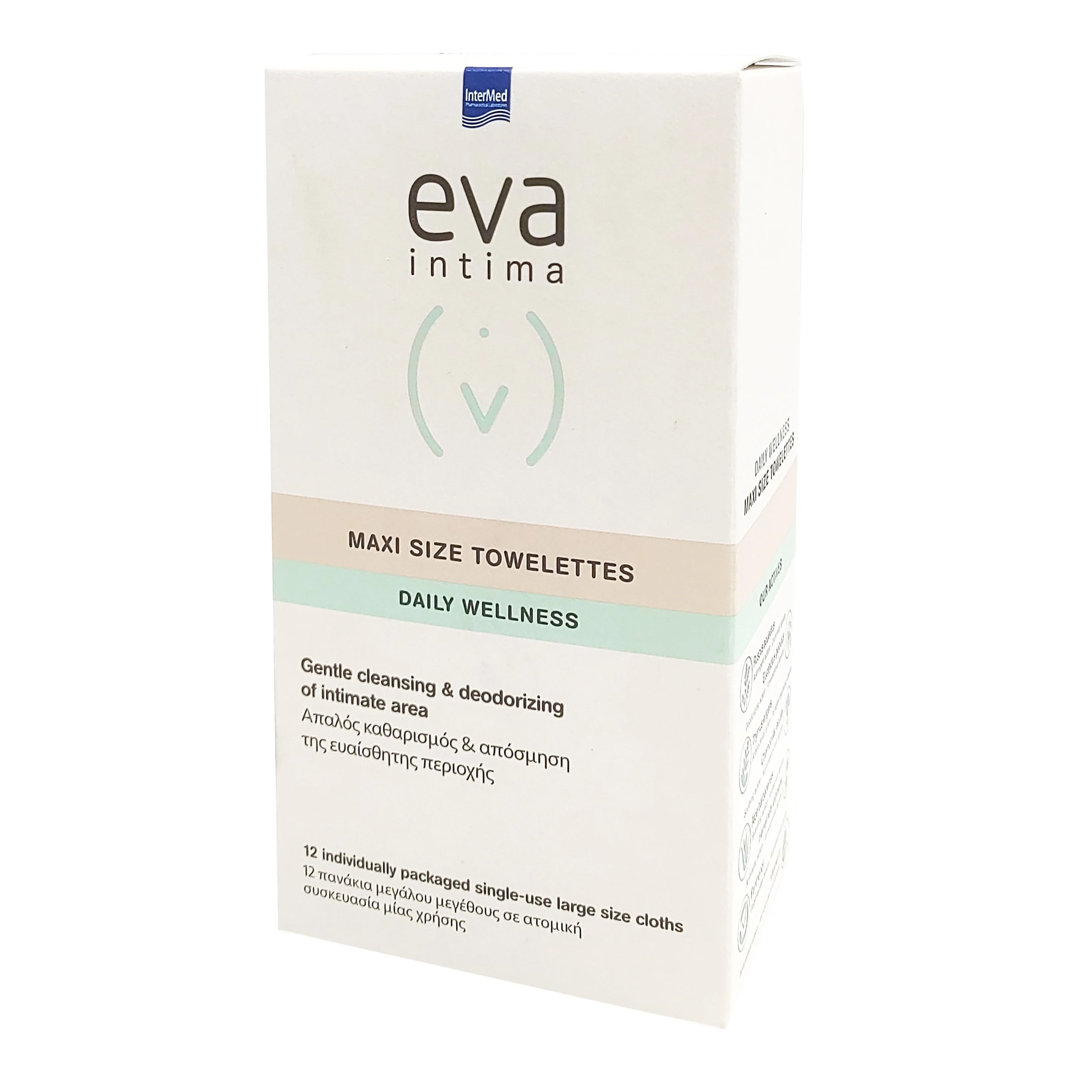 Eva Eva Intima Maxi Size Towelettes Daily Wellness Μαλακά Πανάκια Στιγμιαίου Καθαρισμού & Περιποίησης της Ευαίσθητης Περιοχής 12 Τεμάχια