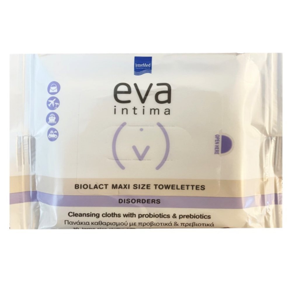 Eva Eva Intima Disorders Biolact Maxi Size Towelettes Πανάκια Καθαρισμού της Ευαίσθητης Περιοχής με Προβιοτικά και Πρεβιοτικά 10 Wipes