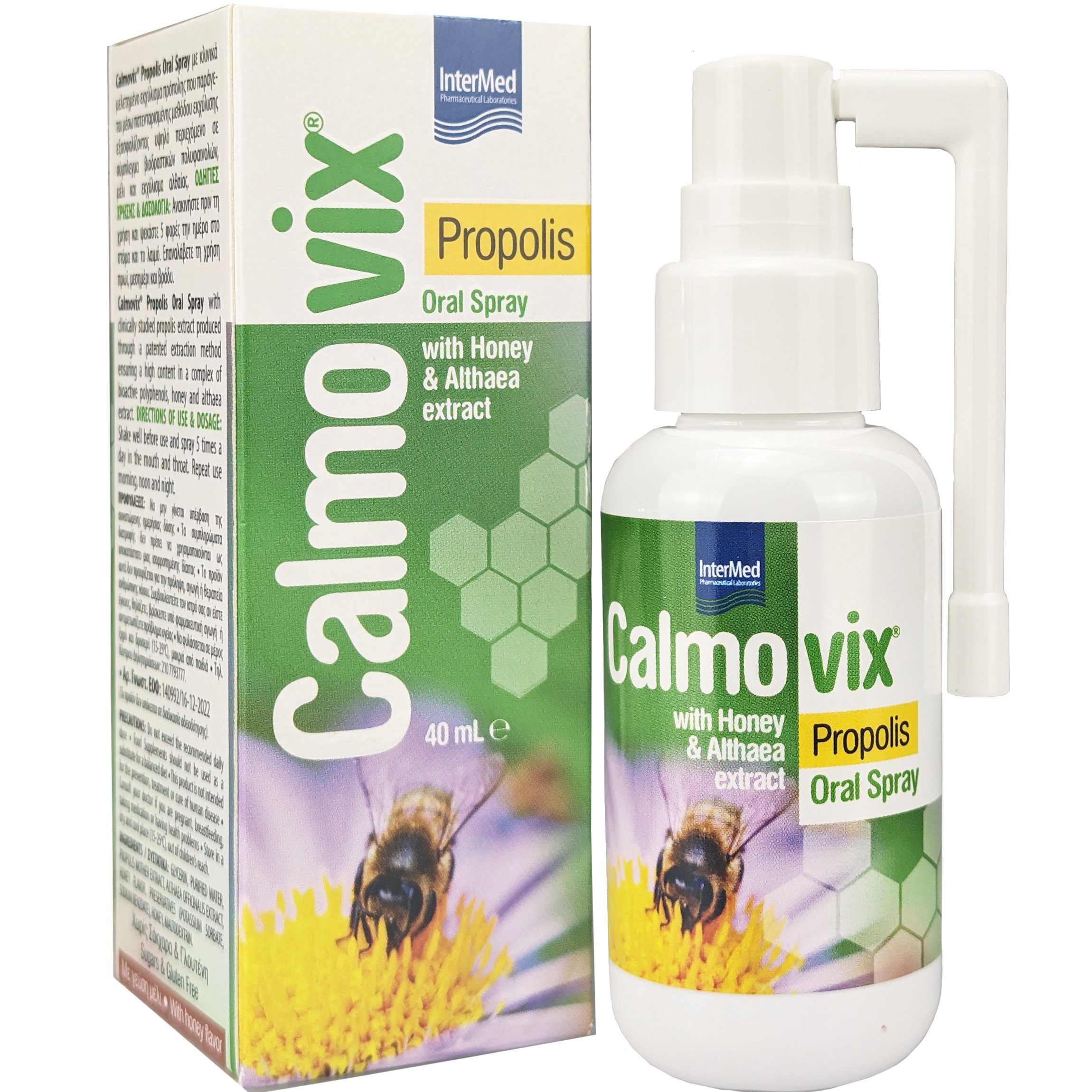 InterMed Intermed Calmovix Propolis Oral Spray Συμπλήρωμα Διατροφής σε Μορφή Spray με Πρόπολη, Μέλι & Εκχύλισμα Αλθαίας για την Ανακούφιση του Πονόλαιμου & των Συμπτωμάτων του Κοινού Κρυολογήματος με Γεύση Μέλι 40ml