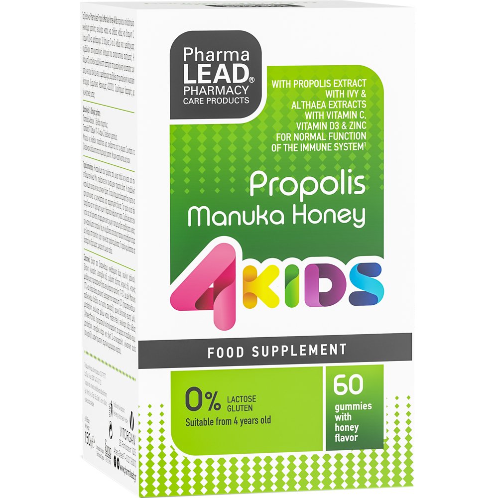 PharmaLead Pharmalead Propolis Manuka Honey 4Kids Συμπλήρωμα Διατροφής με Πρόπολη, Μέλι Μανούκα, Εκχύλισμα Βοτάνων, Βιταμίνες & Μέταλλα για την Ενίσχυση του Ανοσοποιητικού Συστήματος σε Παιδιά από 4 Ετών με Γεύση Μέλι 60 Ζελεδάκια