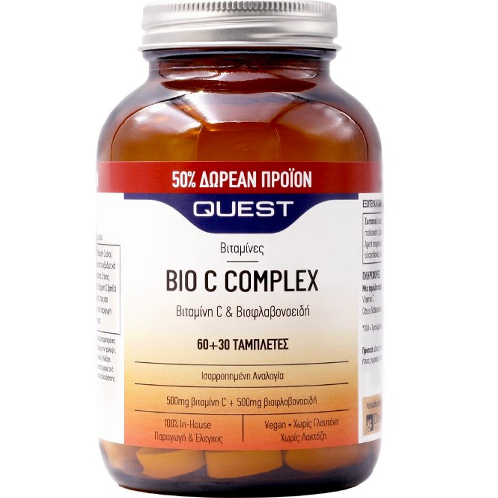 Quest Quest Bio C Complex Συμπλήρωμα Διατροφής Βιταμίνης C & Βιοφλαβονοειδών για Μέγιστη Απορρόφηση για την Υγεία Ανοσοποιητικού με Αντιοξειδωτικές Ιδιότητες 1000mg, 90tabs