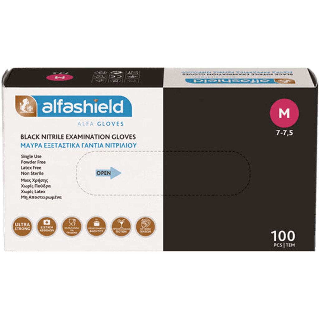 Karabinis Medical AlfaShield Black Nitrile Examination Gloves Μαύρα Εξεταστικά Γάντια Νιτριλίου Χωρίς Πούδρα 100 Τεμάχια - Medium