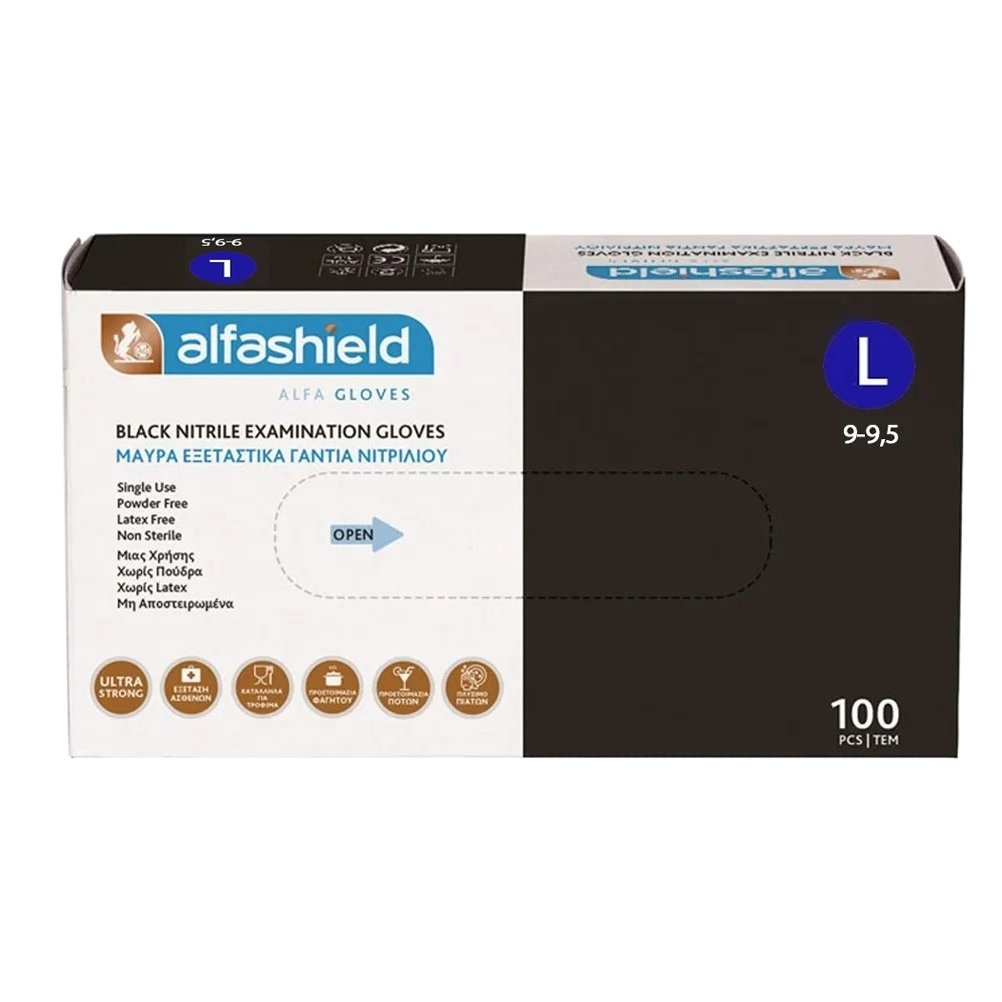 Karabinis Medical AlfaShield Black Nitrile Examination Gloves Μαύρα Εξεταστικά Γάντια Νιτριλίου Χωρίς Πούδρα 100 Τεμάχια - Large