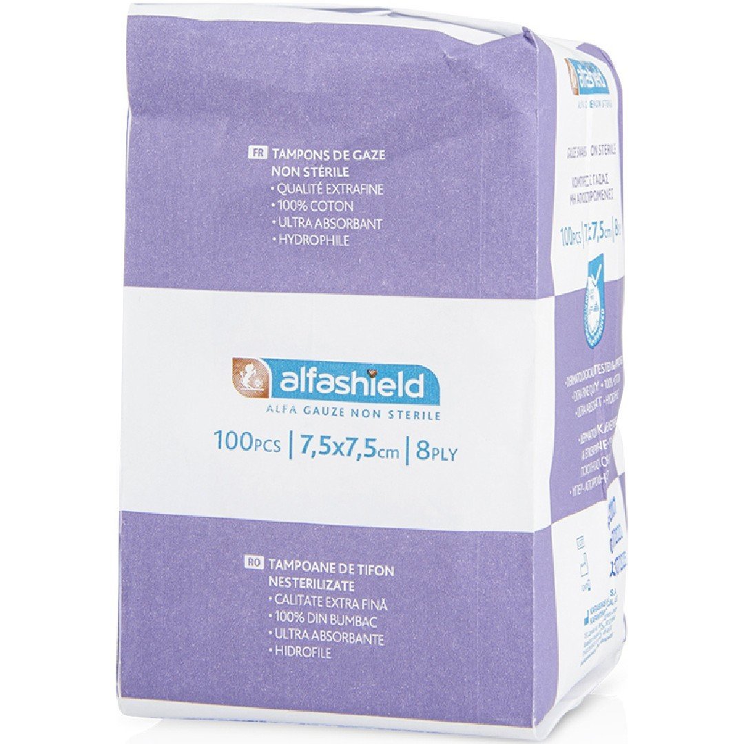 Karabinis Medical AlfaShield Gauze Swabs Non Sterile 7.5cm x 7.5cm 8ply Κομπρέσες Γάζας μη Αποστειρωμένες 100 Τεμάχια