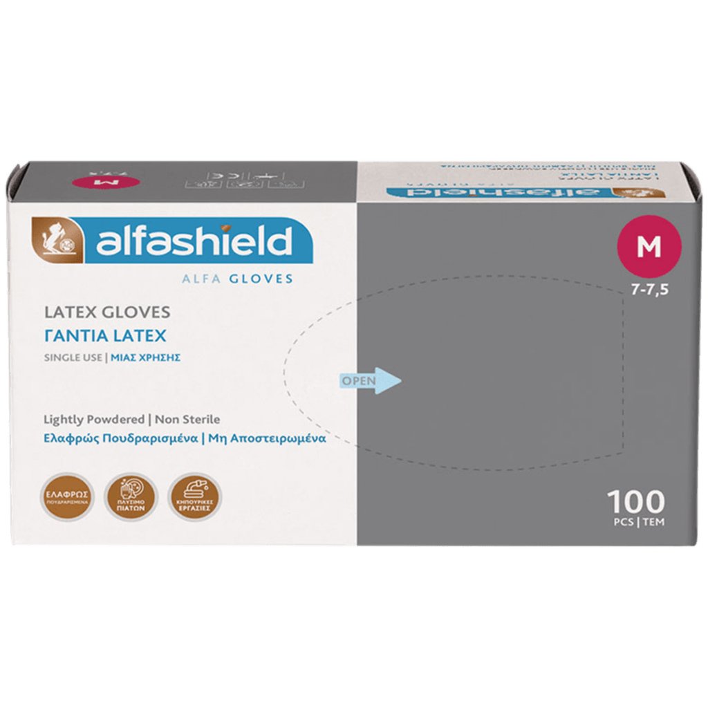 Karabinis Medical AlfaShield Latex Gloves Εξεταστικά Γάντια Ελαφρώς Πουδραρισμένα & μη Αποστειρωμένα 100 Τεμάχια - Medium