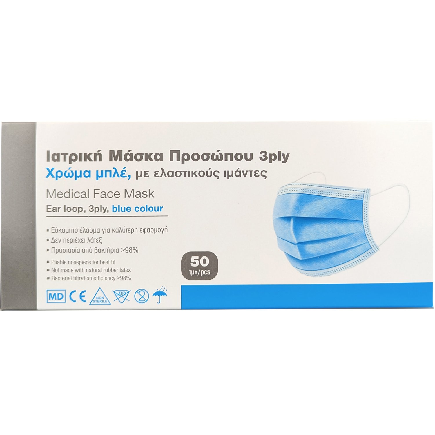 Alfacare Alfacare Medical Face Mask 3ply With Earloop Blue Ιατρική Μάσκα Προσώπου Τριπλής Προστασίας με Ελαστικούς Ιμάντες σε Μπλε Χρώμα 50 Τεμάχια